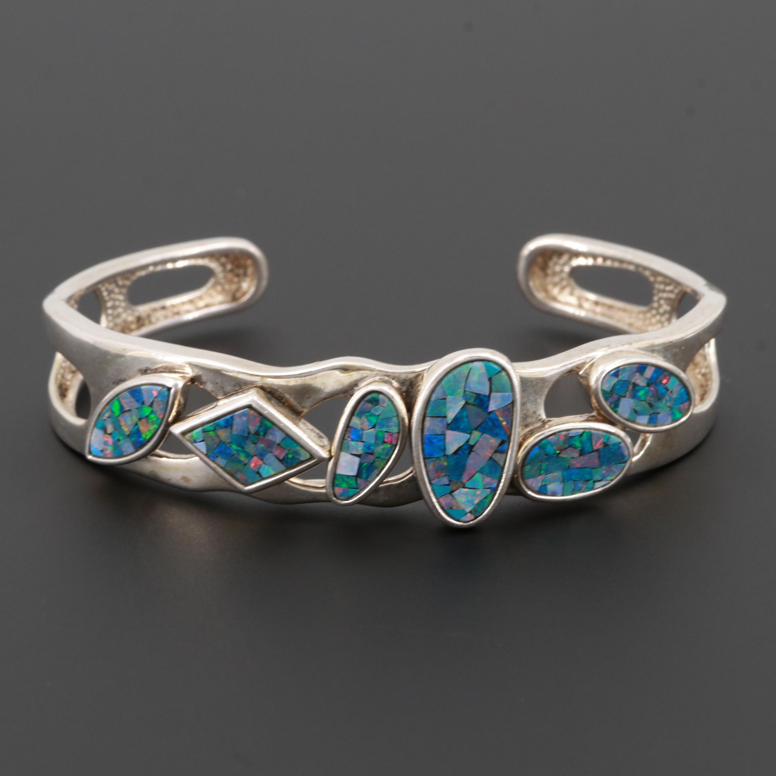 Sterling Silver Opal Mosaic Doublet Cuff Bracelet