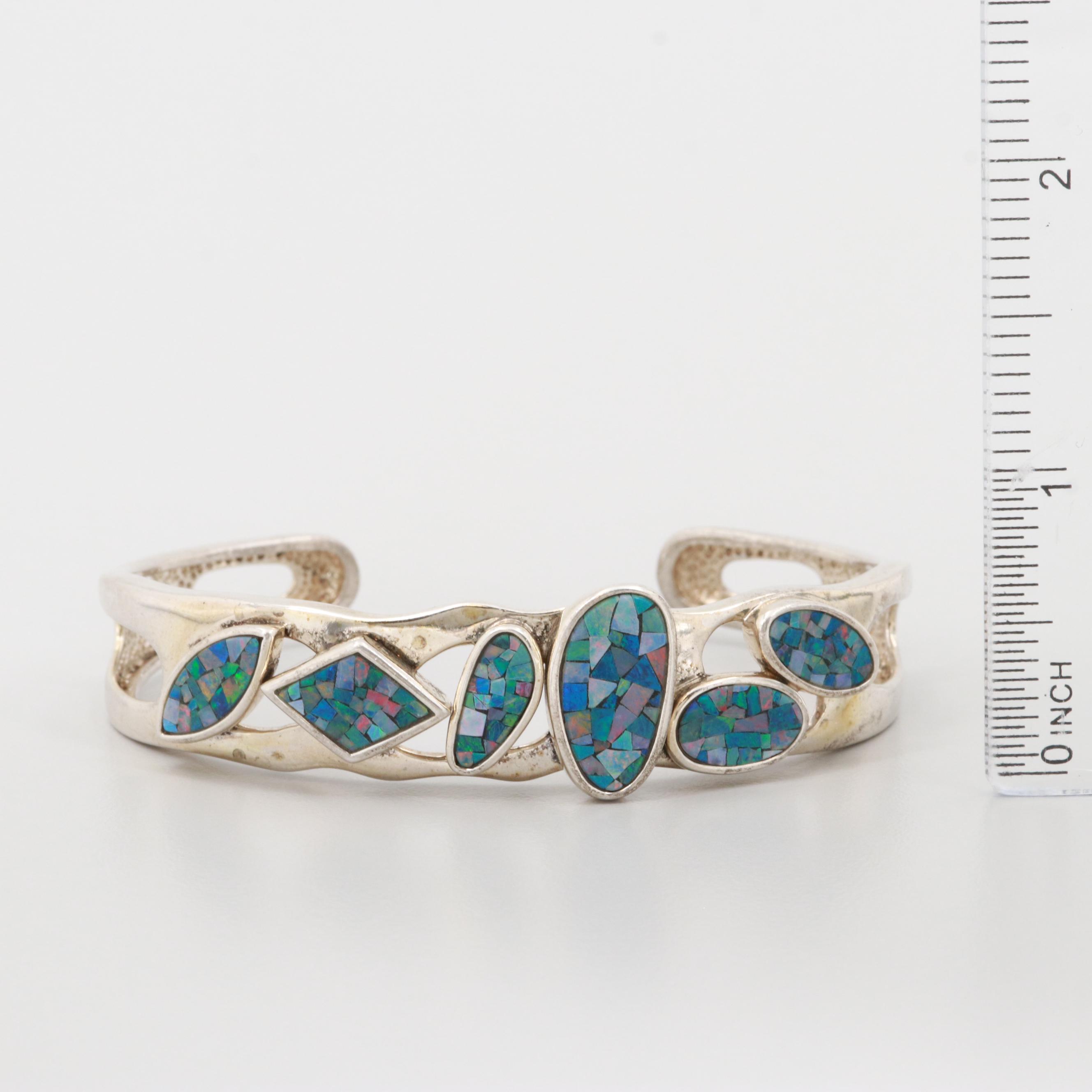 Sterling Silver Opal Mosaic Doublet Cuff Bracelet