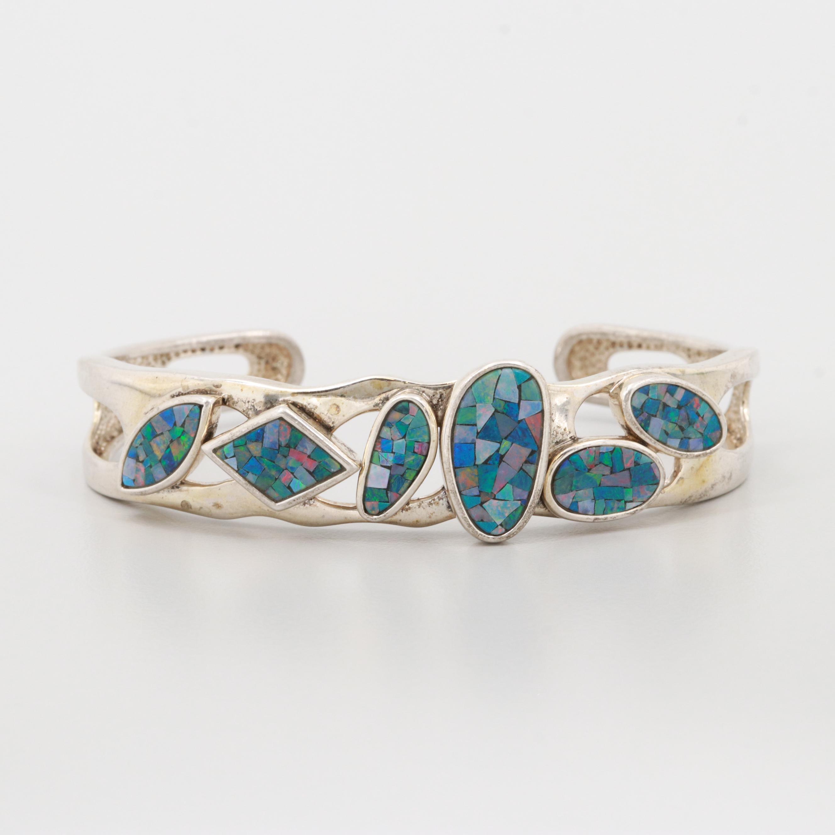 Sterling Silver Opal Mosaic Doublet Cuff Bracelet