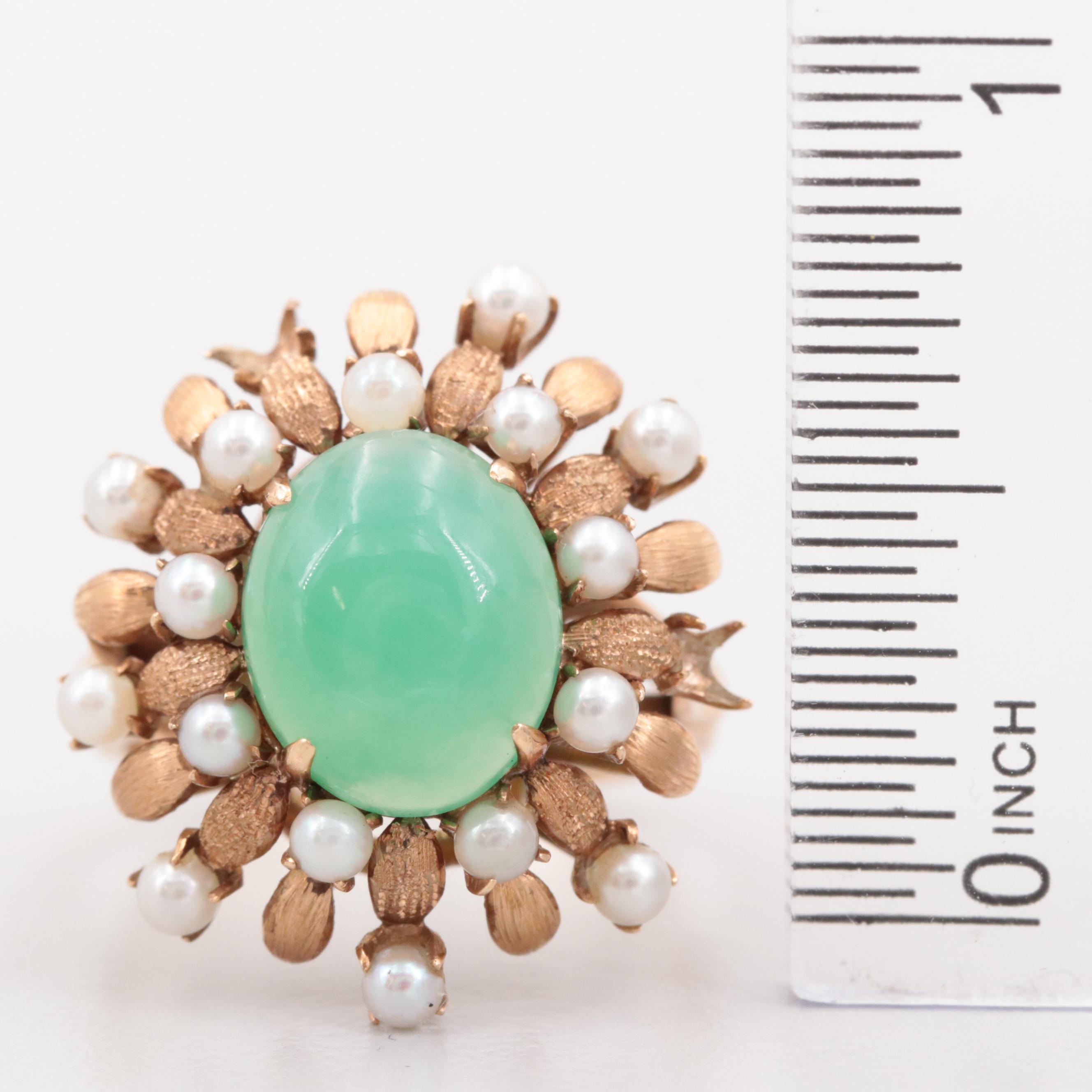 Retro Period 14K Yellow Gold Chalcedony and Cultured Pearl Ring