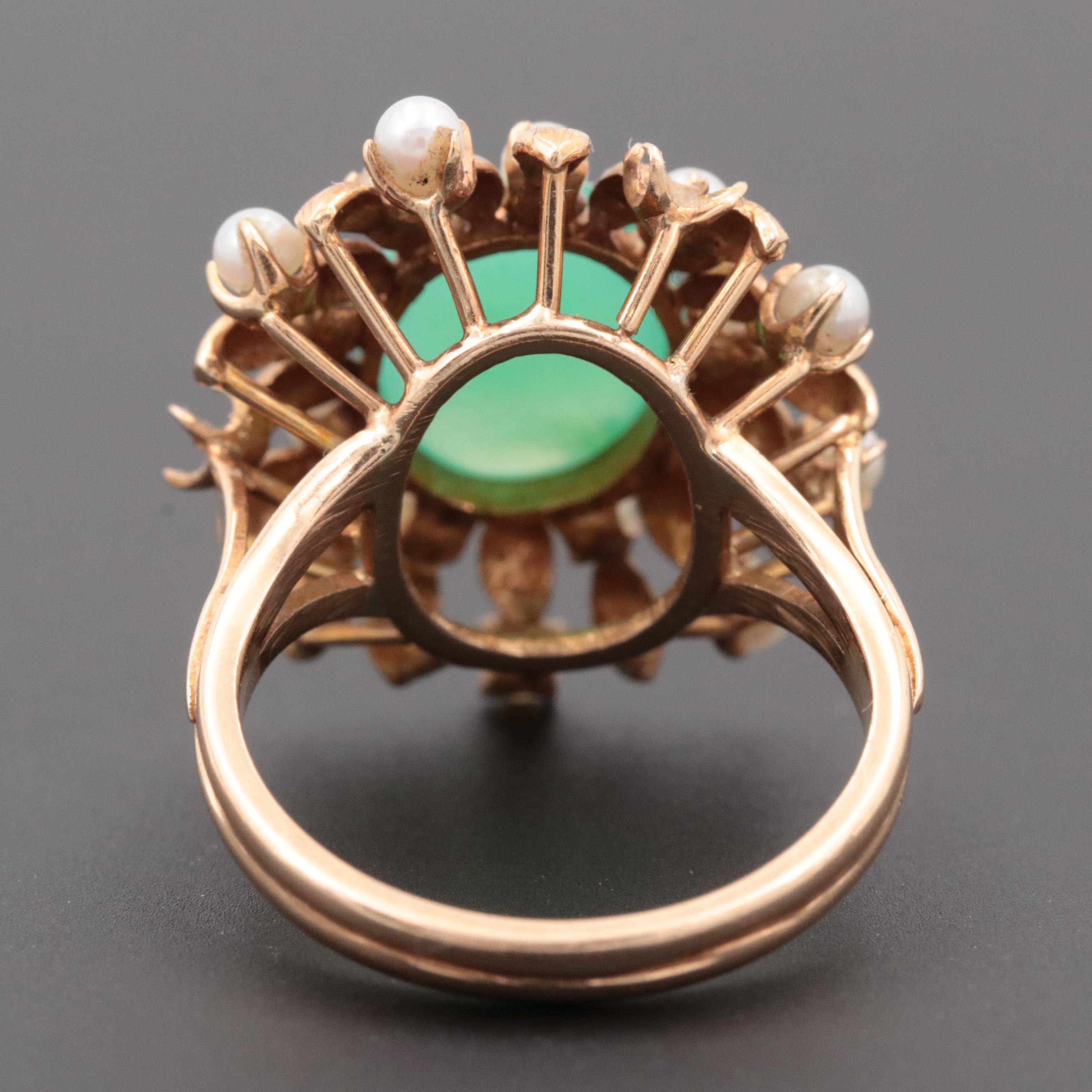 Retro Period 14K Yellow Gold Chalcedony and Cultured Pearl Ring