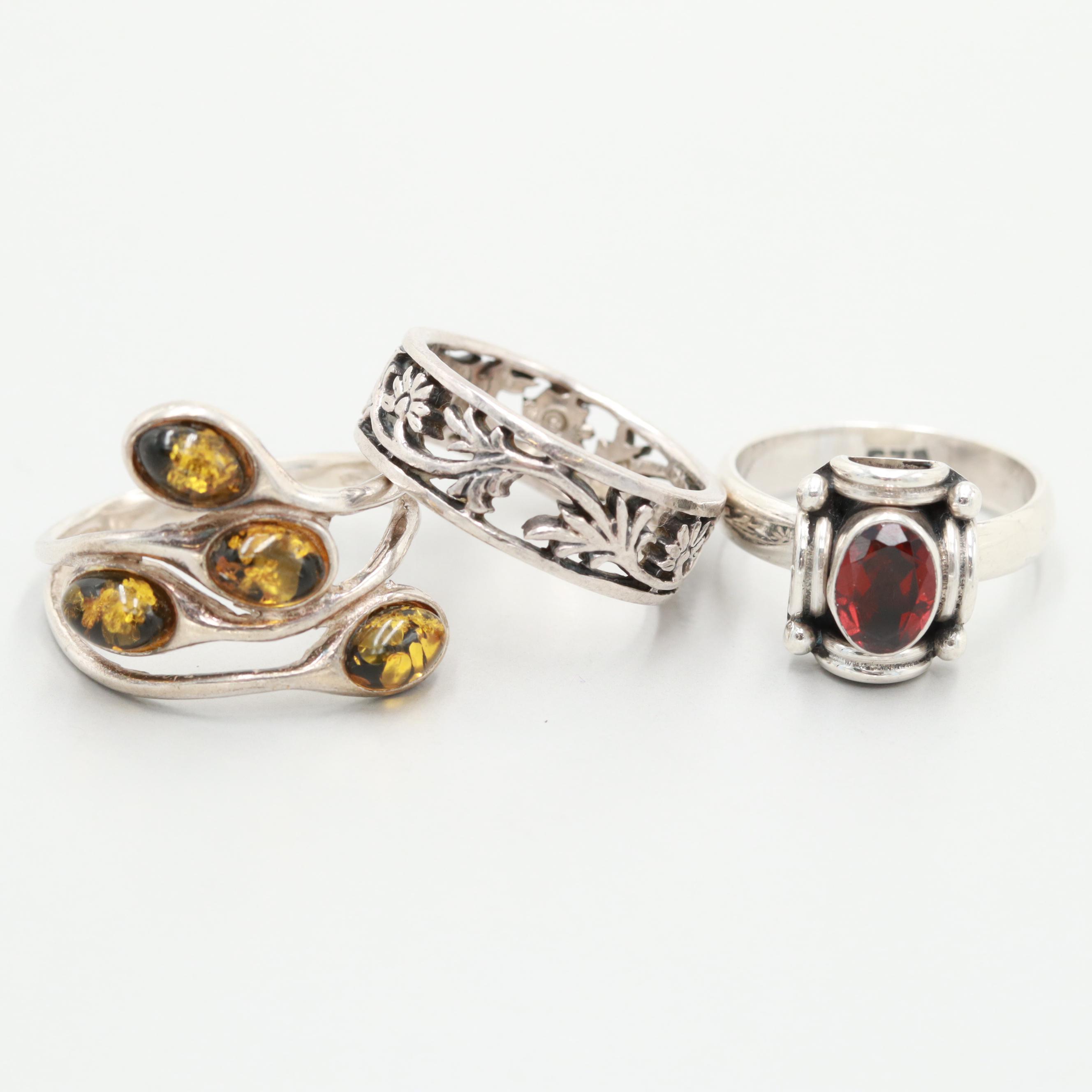 Sterling Silver Amber and Garnet Rings