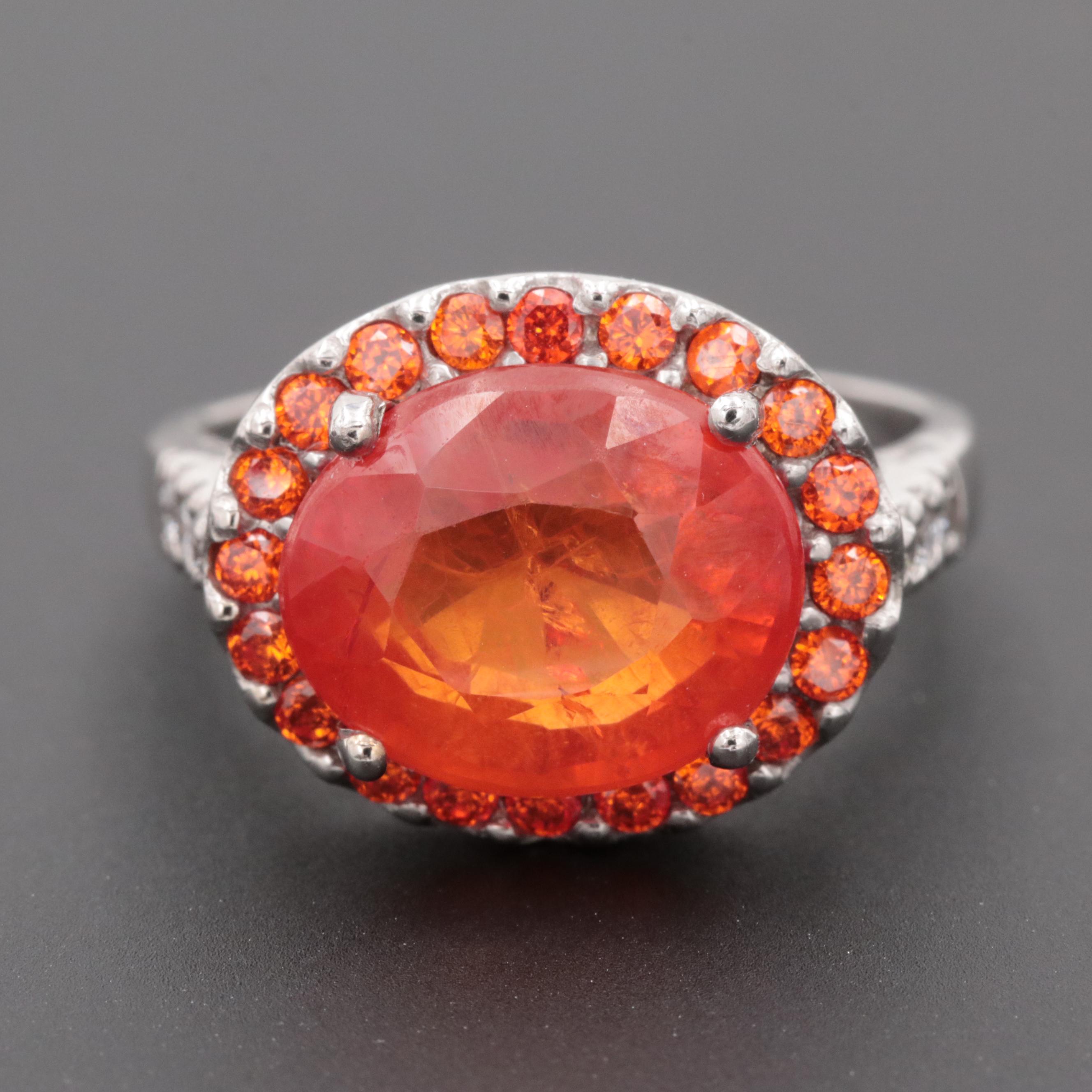 Sterling Silver Synthetic Orange Sapphire and Cubic Zirconia Ring