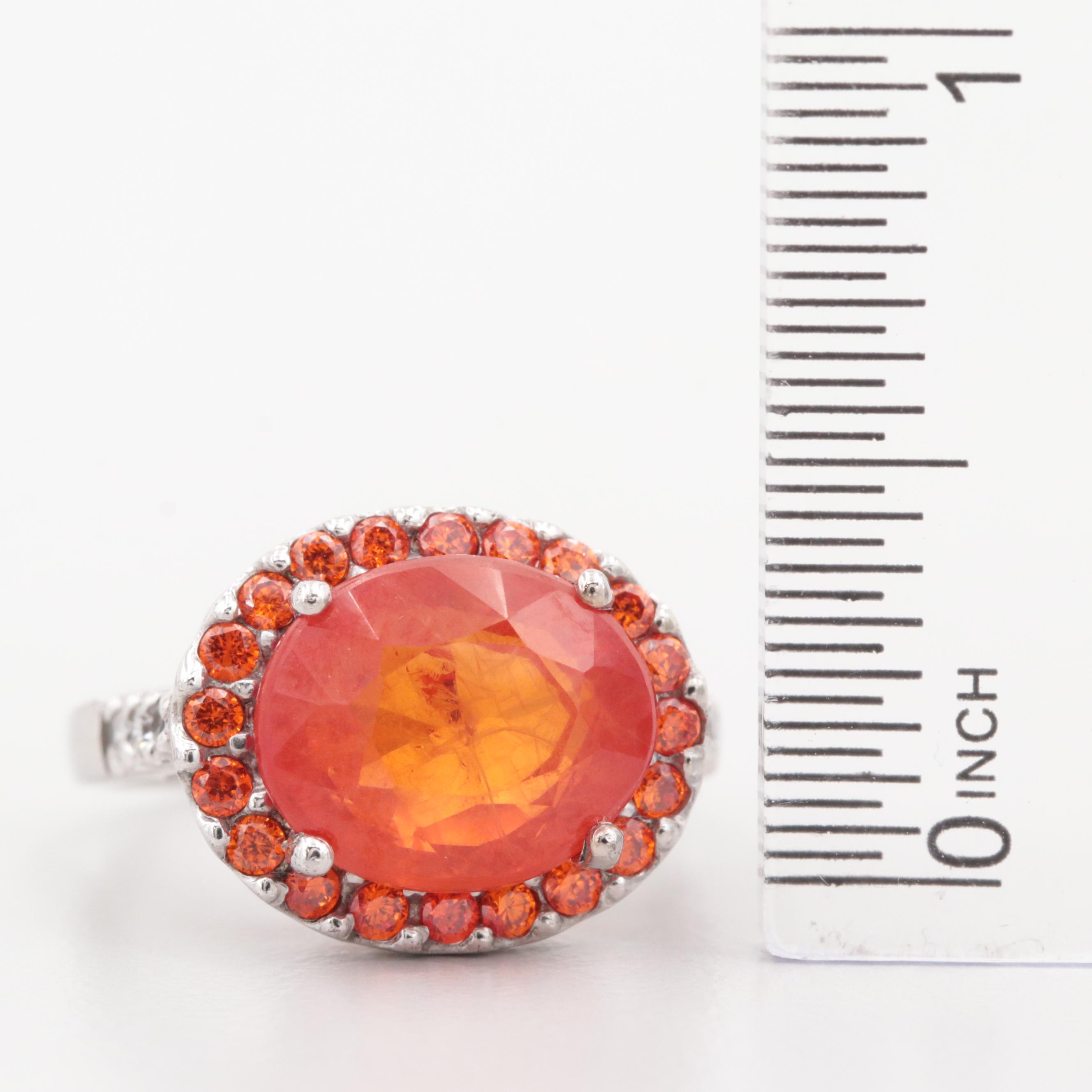 Sterling Silver Synthetic Orange Sapphire and Cubic Zirconia Ring