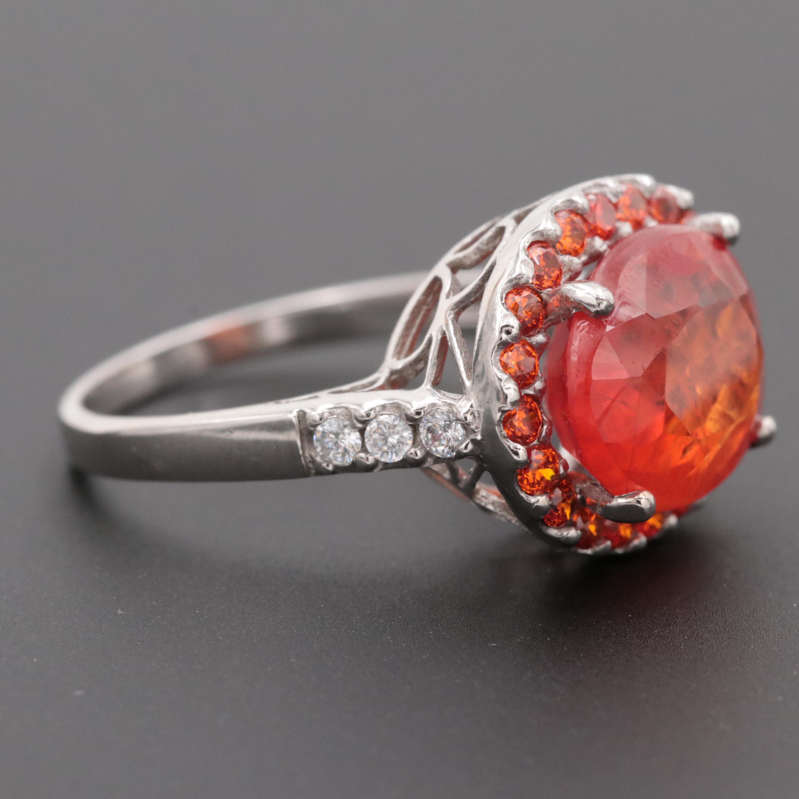 Sterling Silver Synthetic Orange Sapphire and Cubic Zirconia Ring