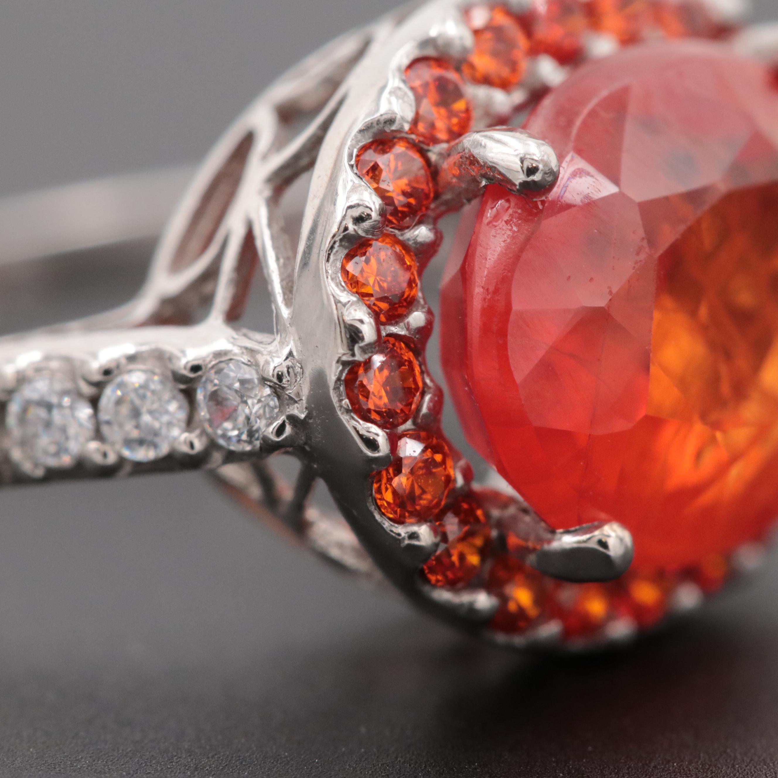 Sterling Silver Synthetic Orange Sapphire and Cubic Zirconia Ring
