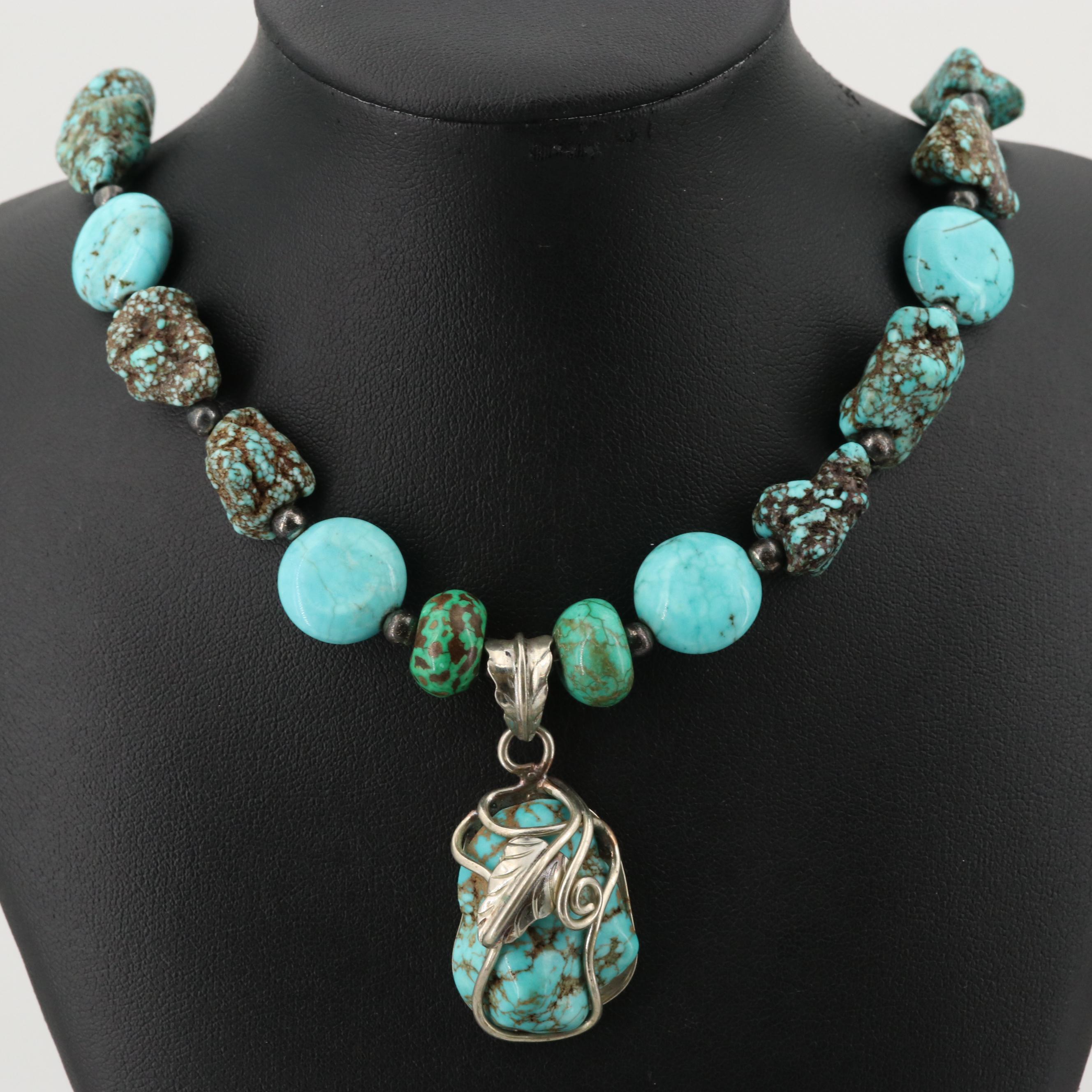 Silver Tone Turquoise and Magnesite Nugget Pendant Necklace