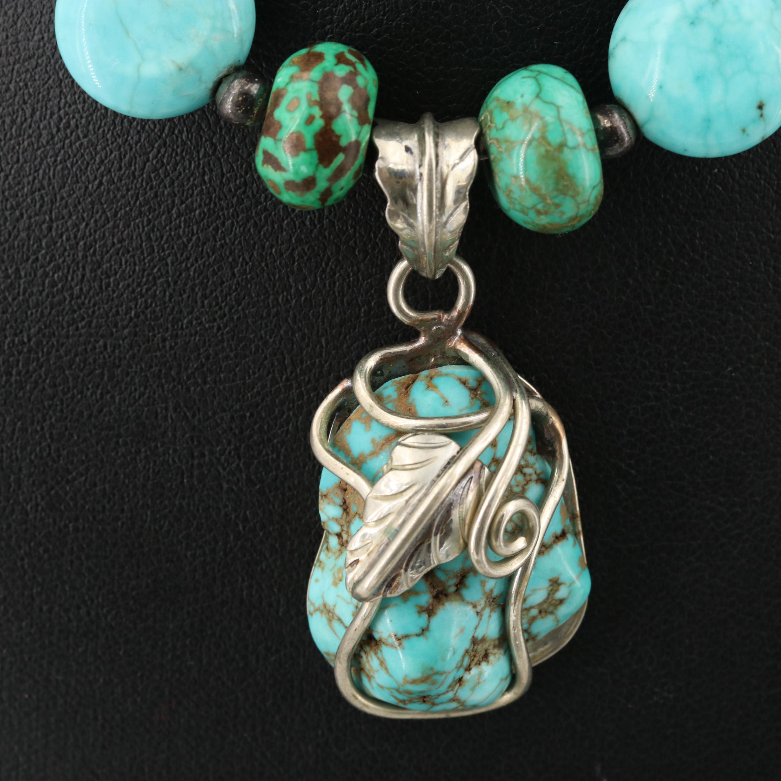Silver Tone Turquoise and Magnesite Nugget Pendant Necklace