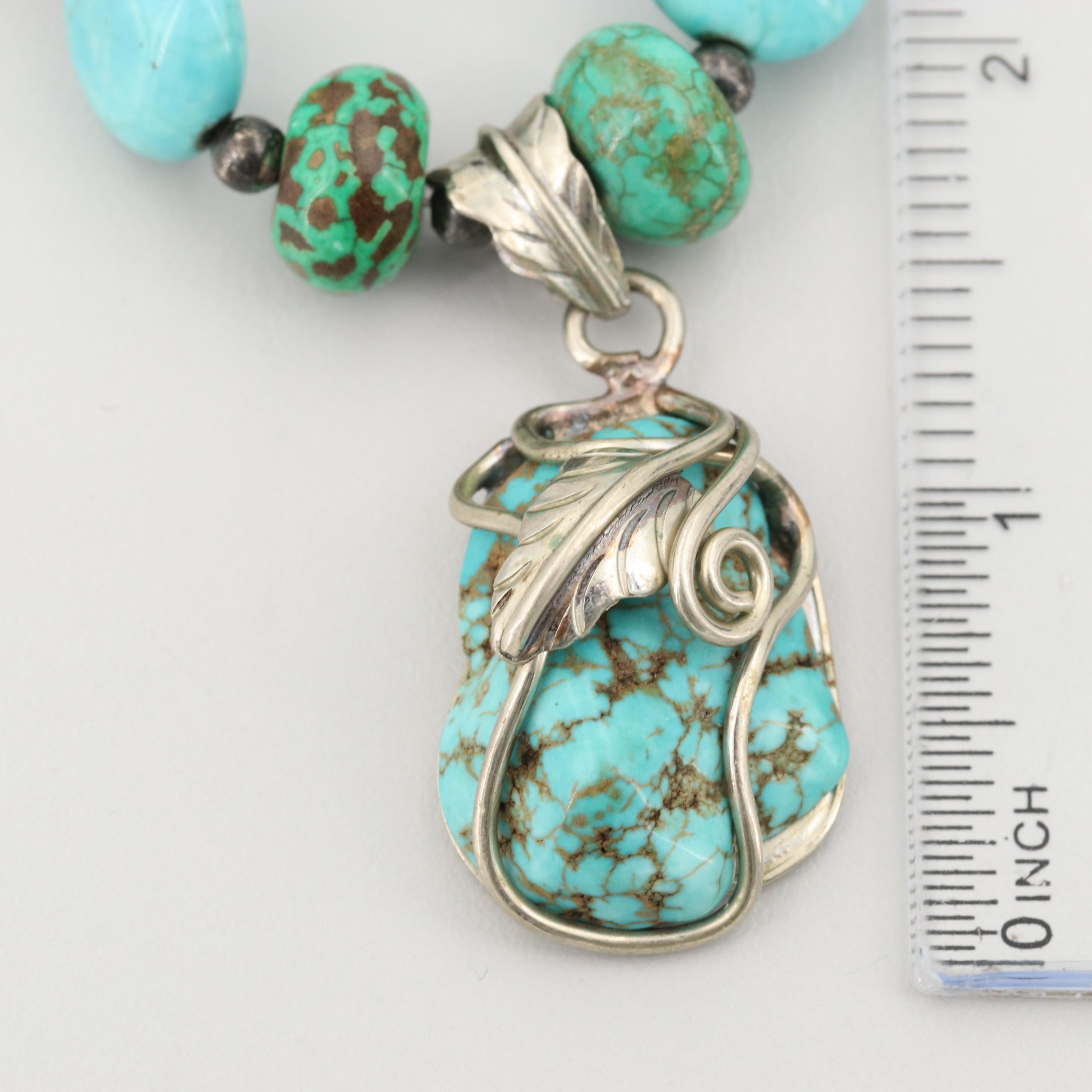 Silver Tone Turquoise and Magnesite Nugget Pendant Necklace
