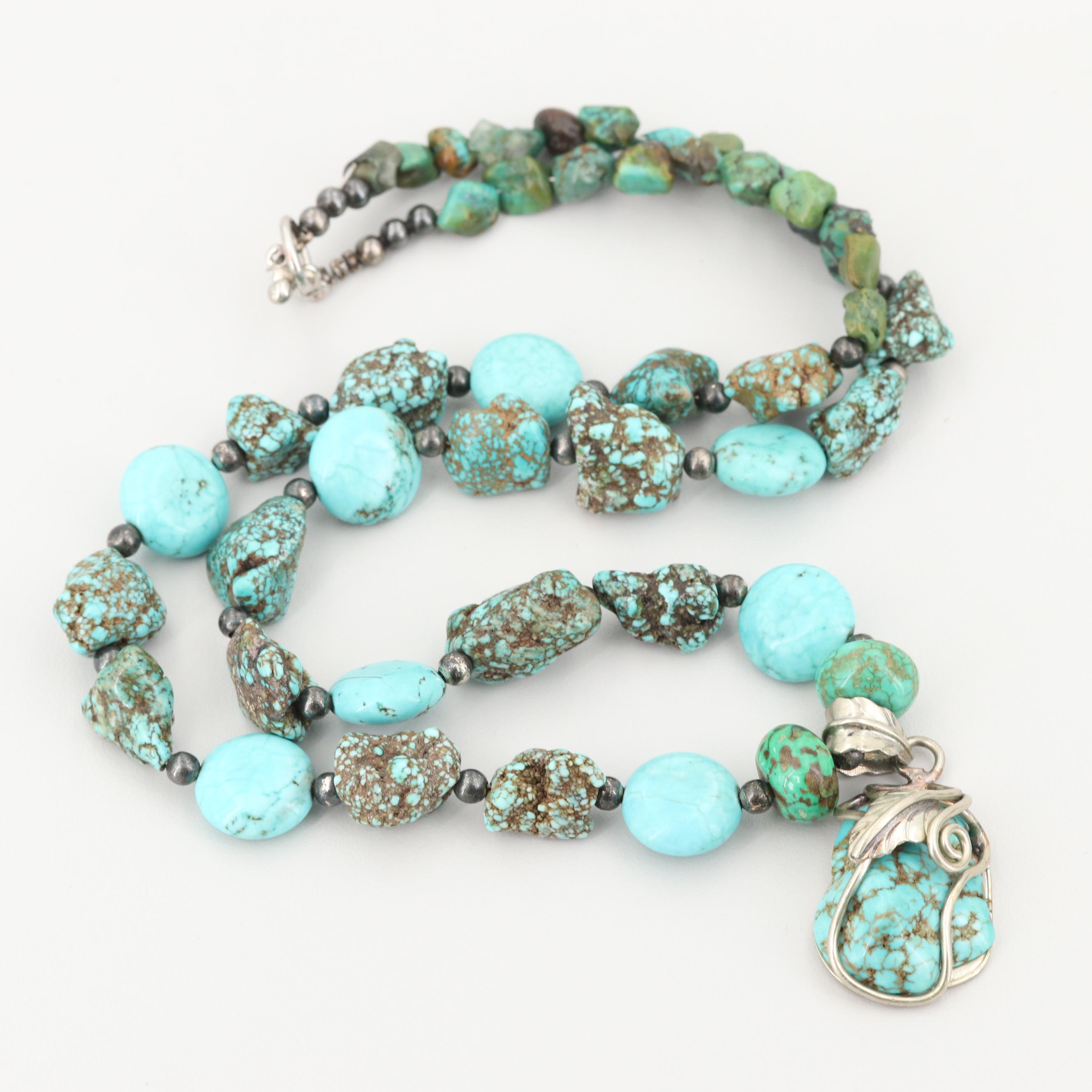 Silver Tone Turquoise and Magnesite Nugget Pendant Necklace