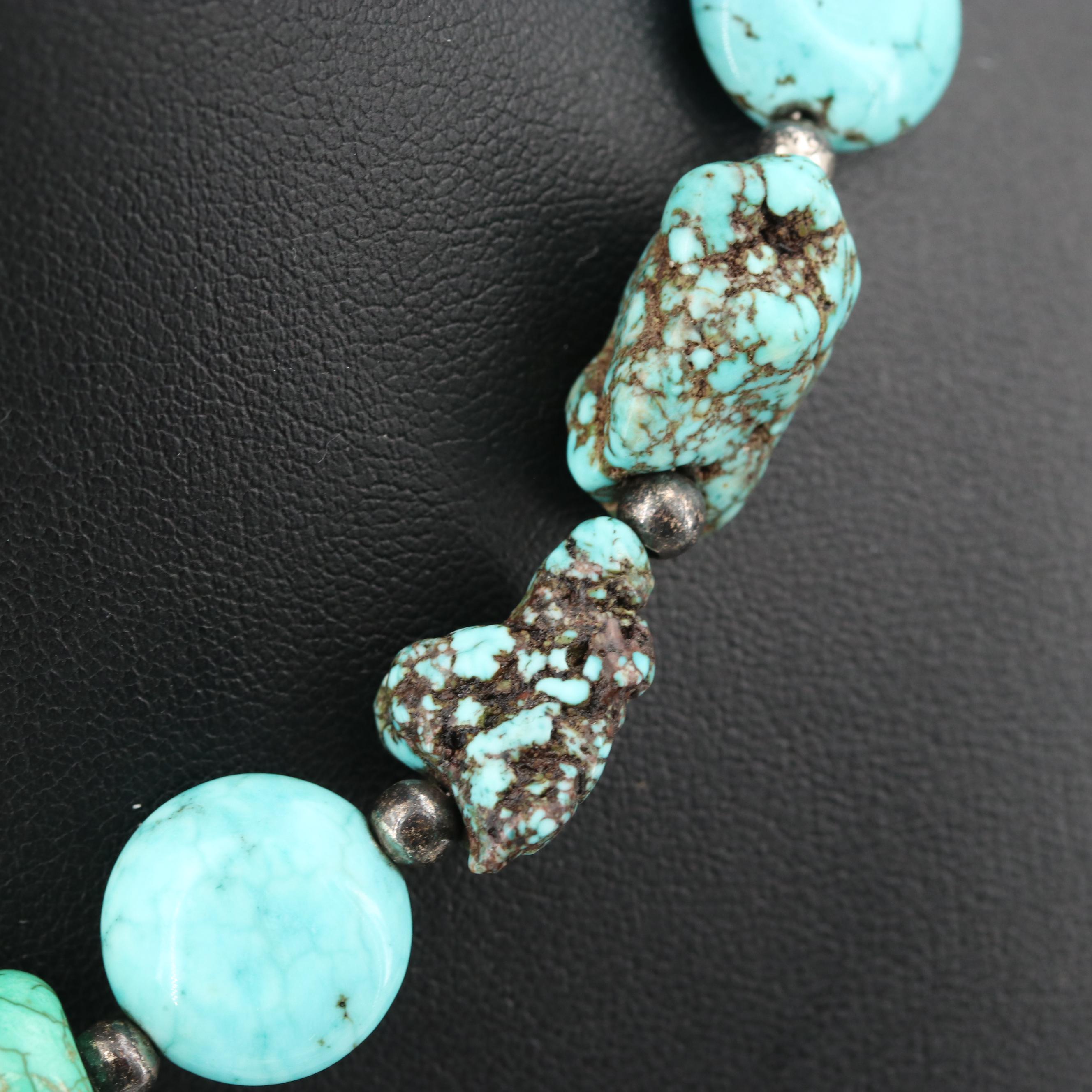 Silver Tone Turquoise and Magnesite Nugget Pendant Necklace