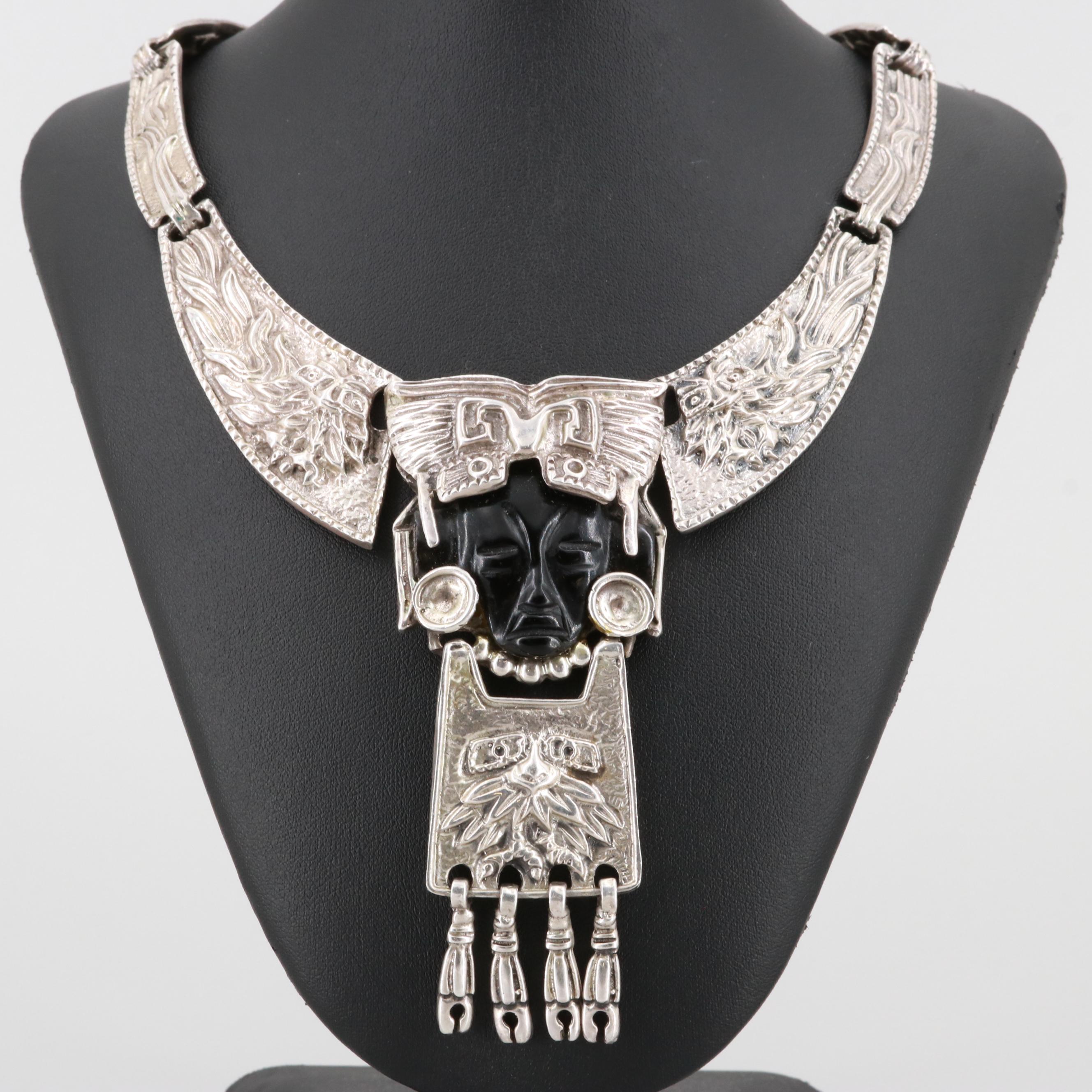 Taxco Sterling Silver Carved Glass Aztec Warrior Necklace