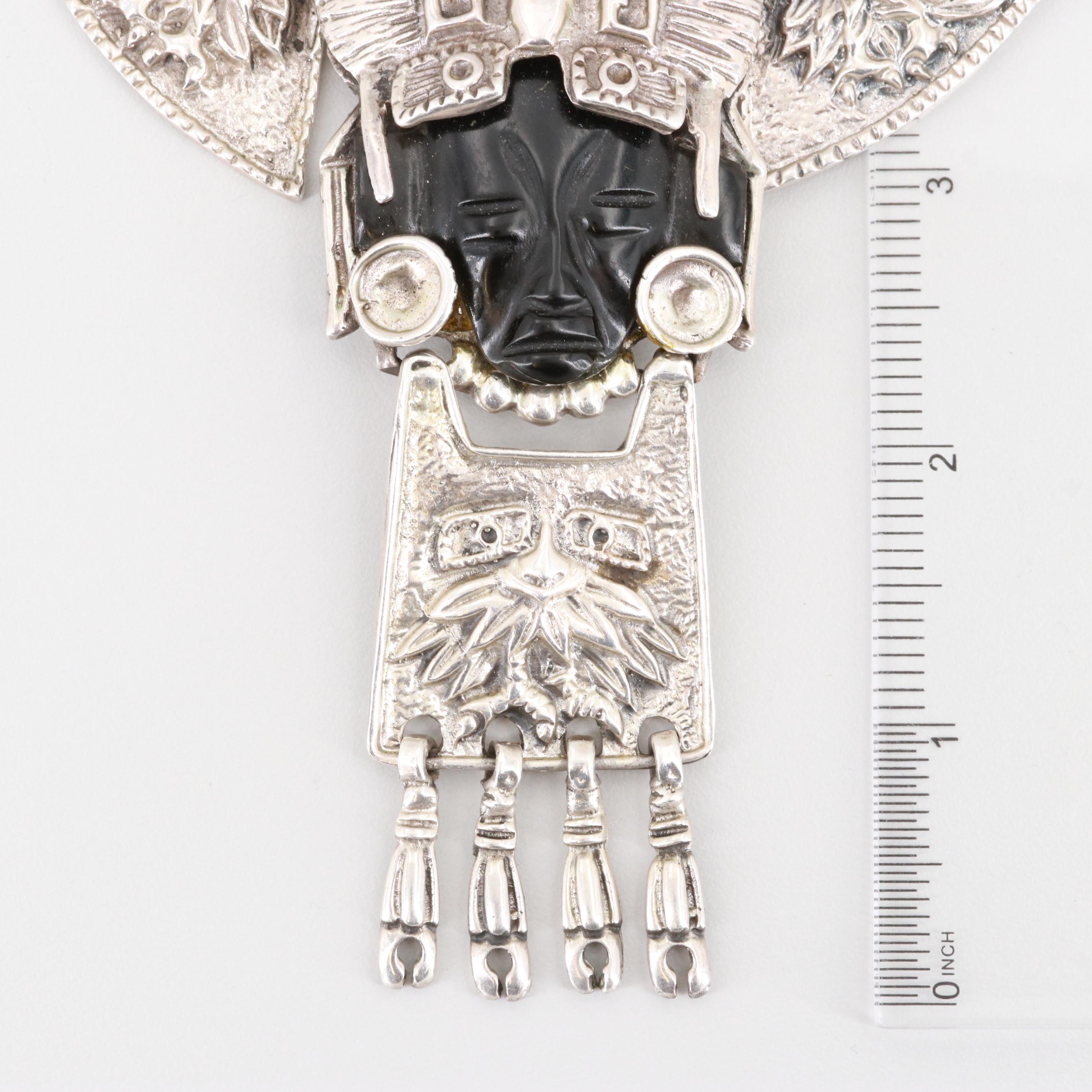 Taxco Sterling Silver Carved Glass Aztec Warrior Necklace