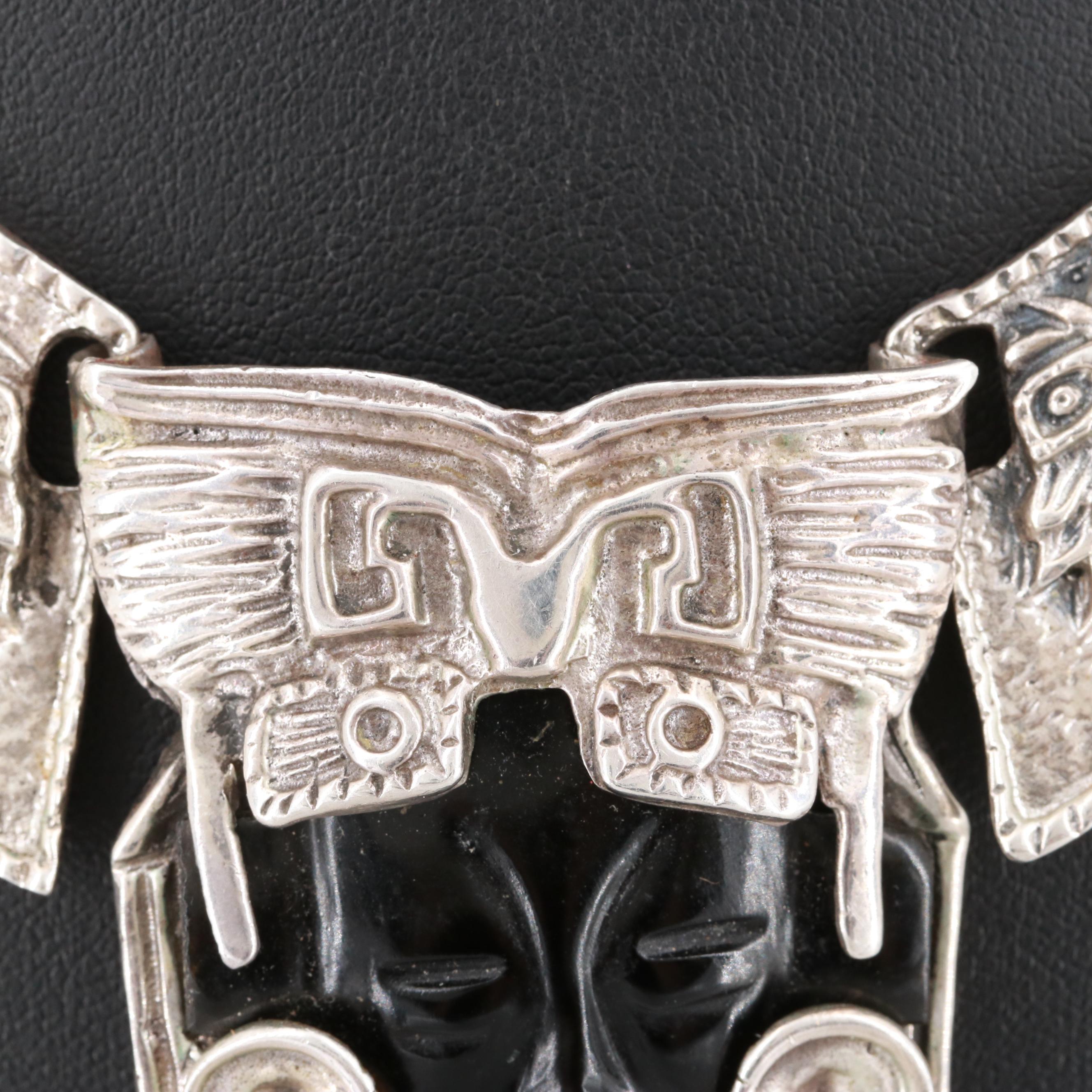 Taxco Sterling Silver Carved Glass Aztec Warrior Necklace