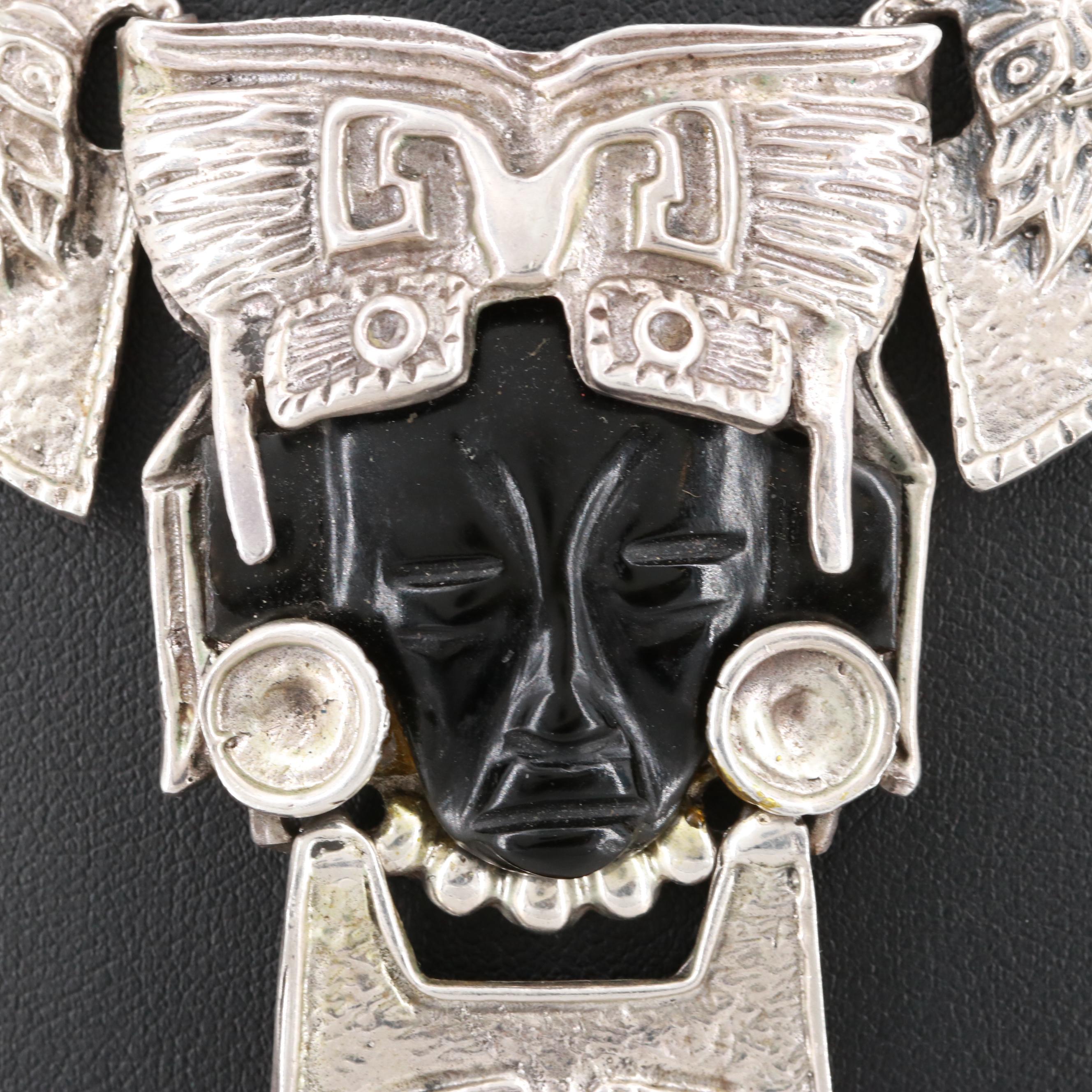 Taxco Sterling Silver Carved Glass Aztec Warrior Necklace