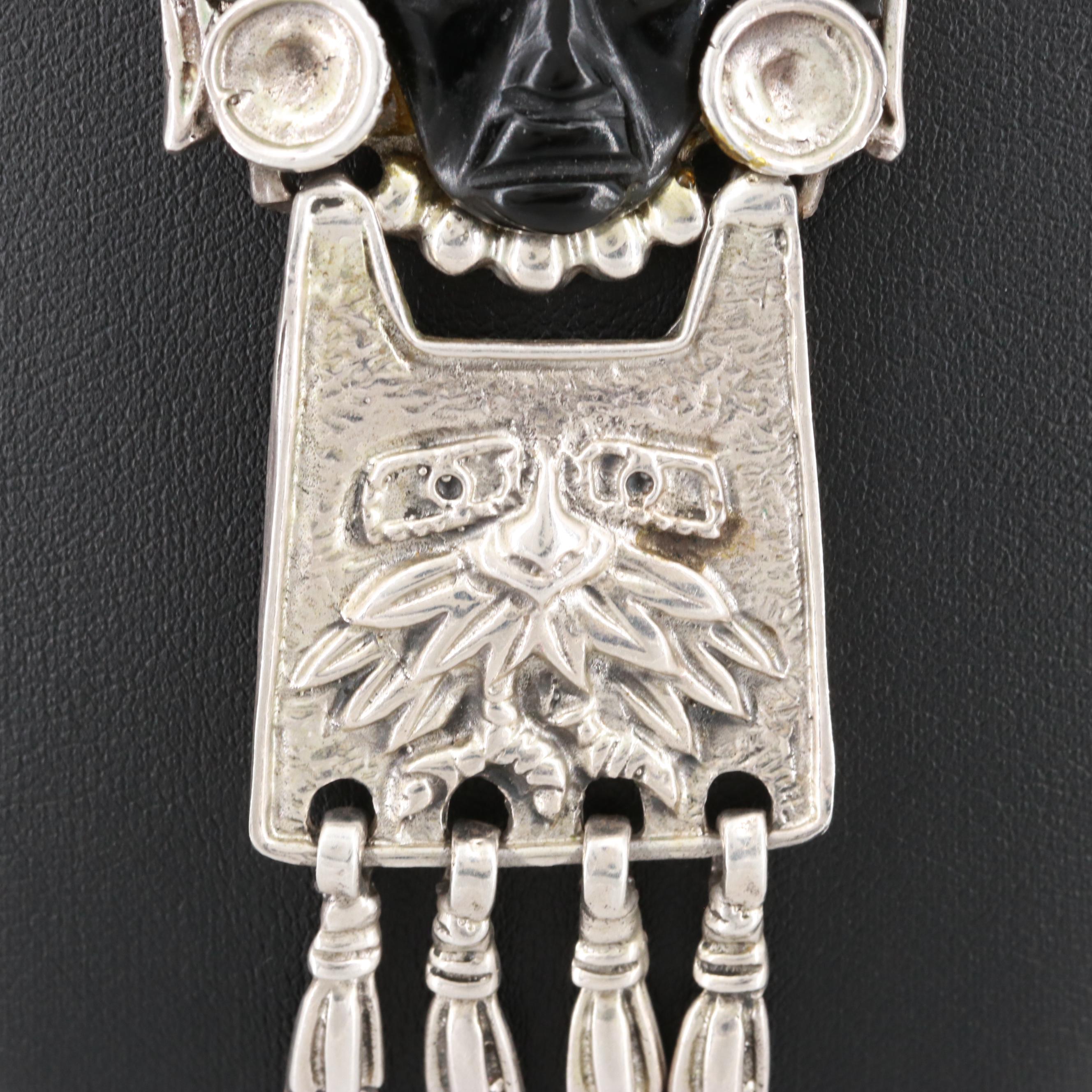 Taxco Sterling Silver Carved Glass Aztec Warrior Necklace