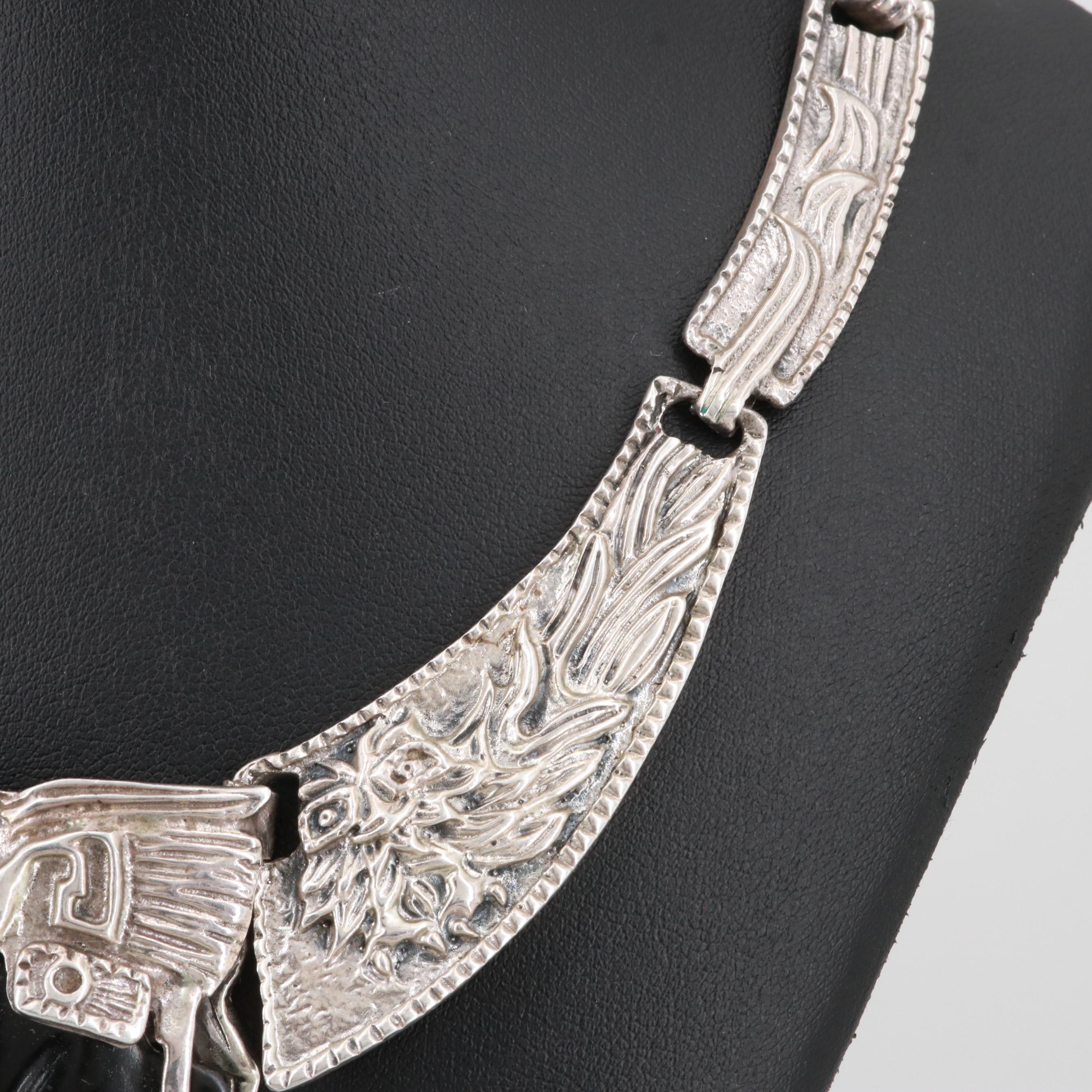 Taxco Sterling Silver Carved Glass Aztec Warrior Necklace