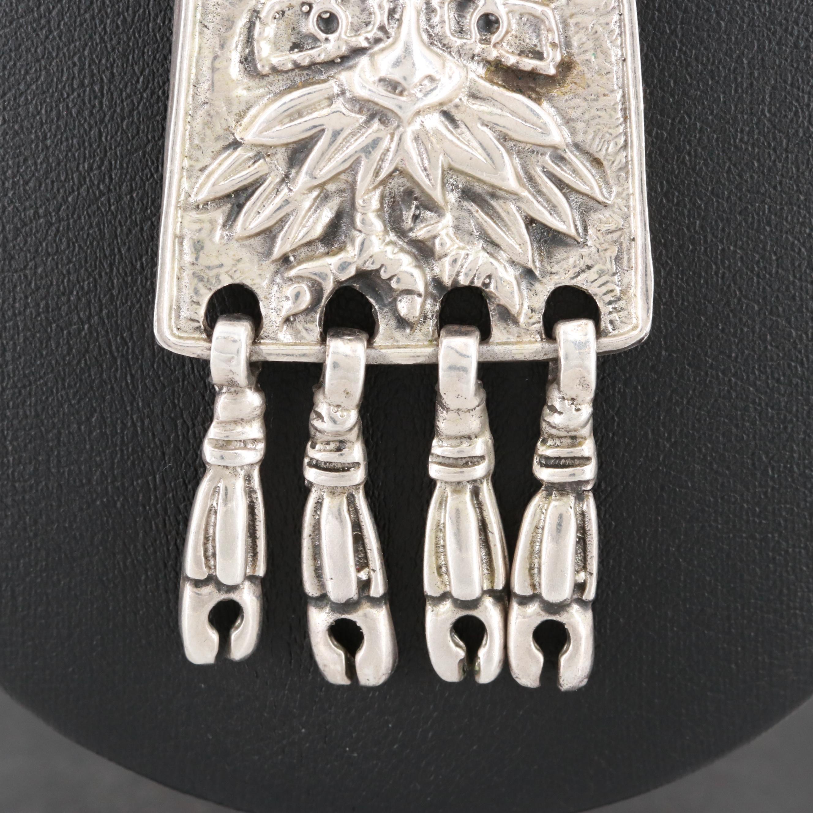 Taxco Sterling Silver Carved Glass Aztec Warrior Necklace