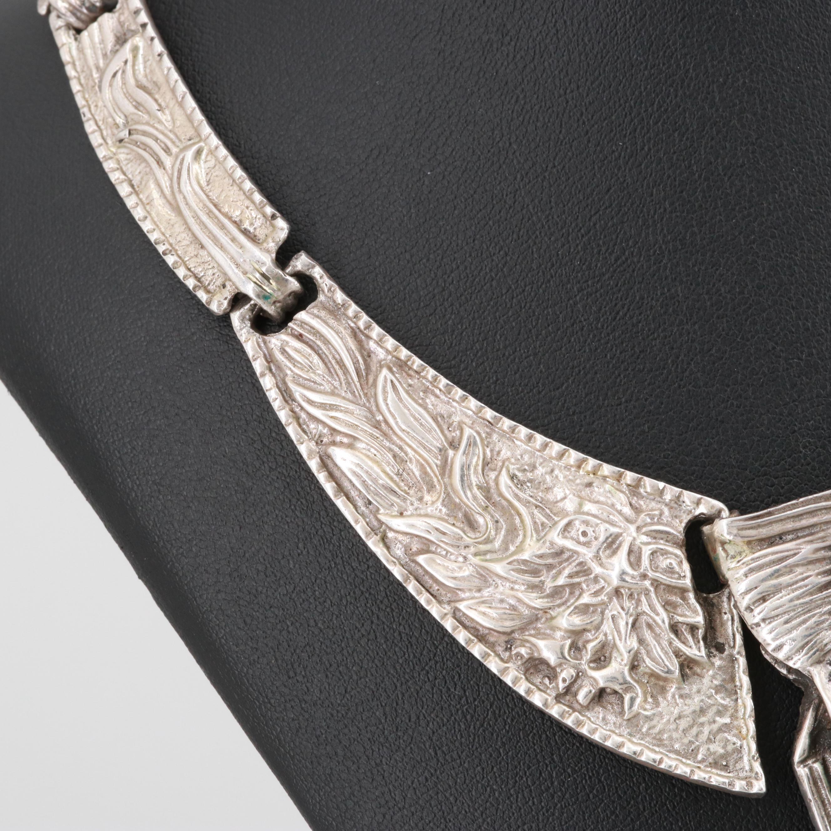 Taxco Sterling Silver Carved Glass Aztec Warrior Necklace