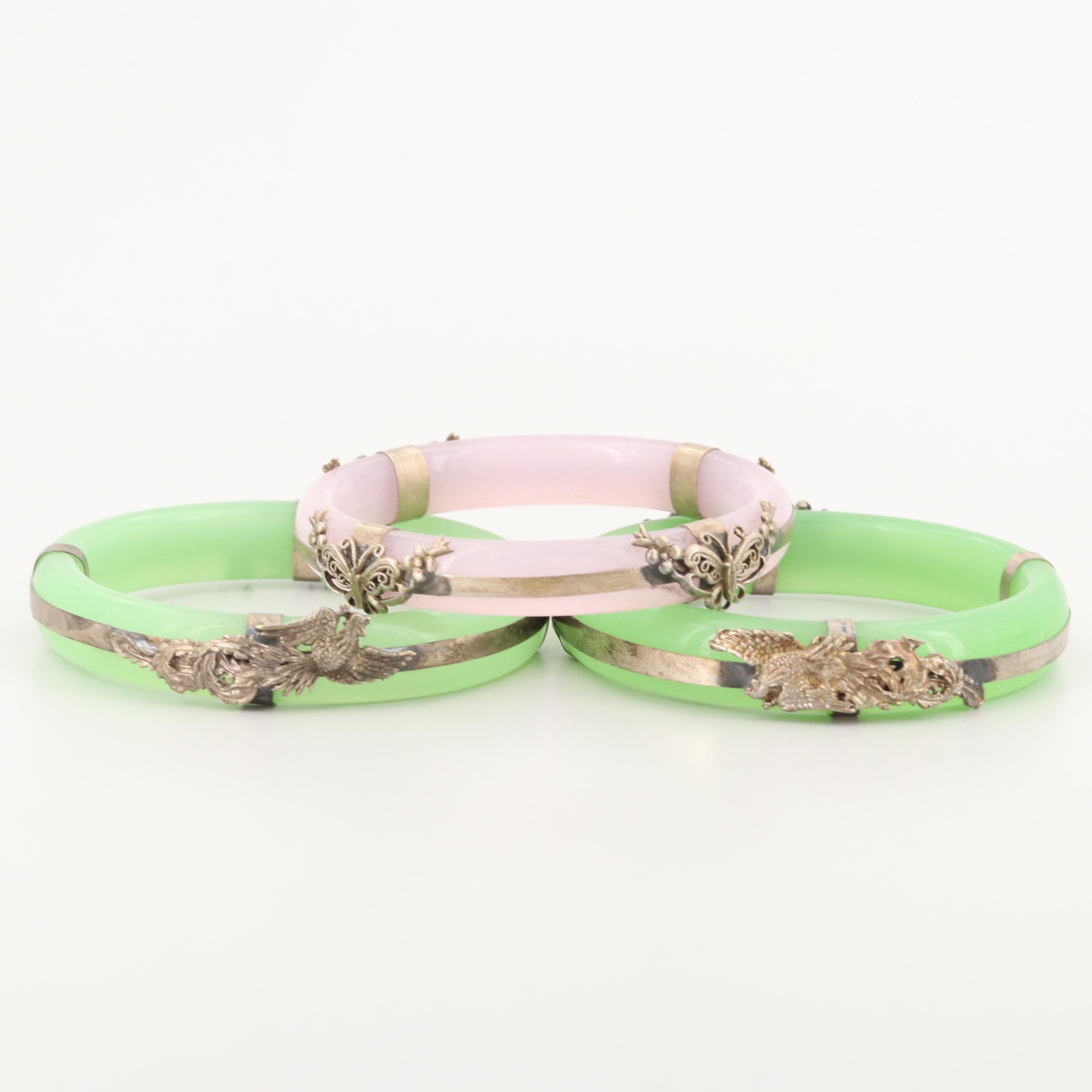 Silver Tone Glass Bangle Bracelets Featuring Animal Motifs