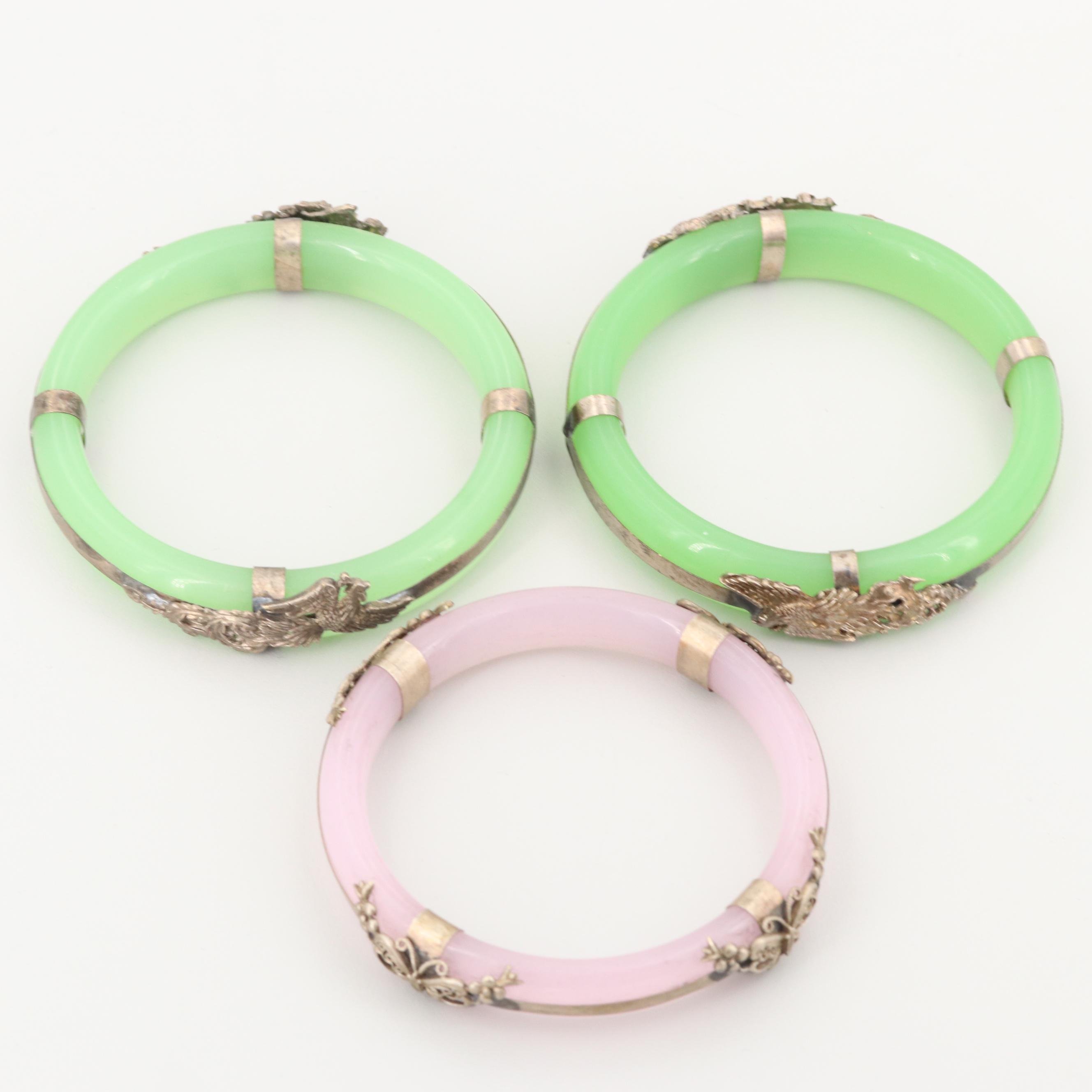 Silver Tone Glass Bangle Bracelets Featuring Animal Motifs