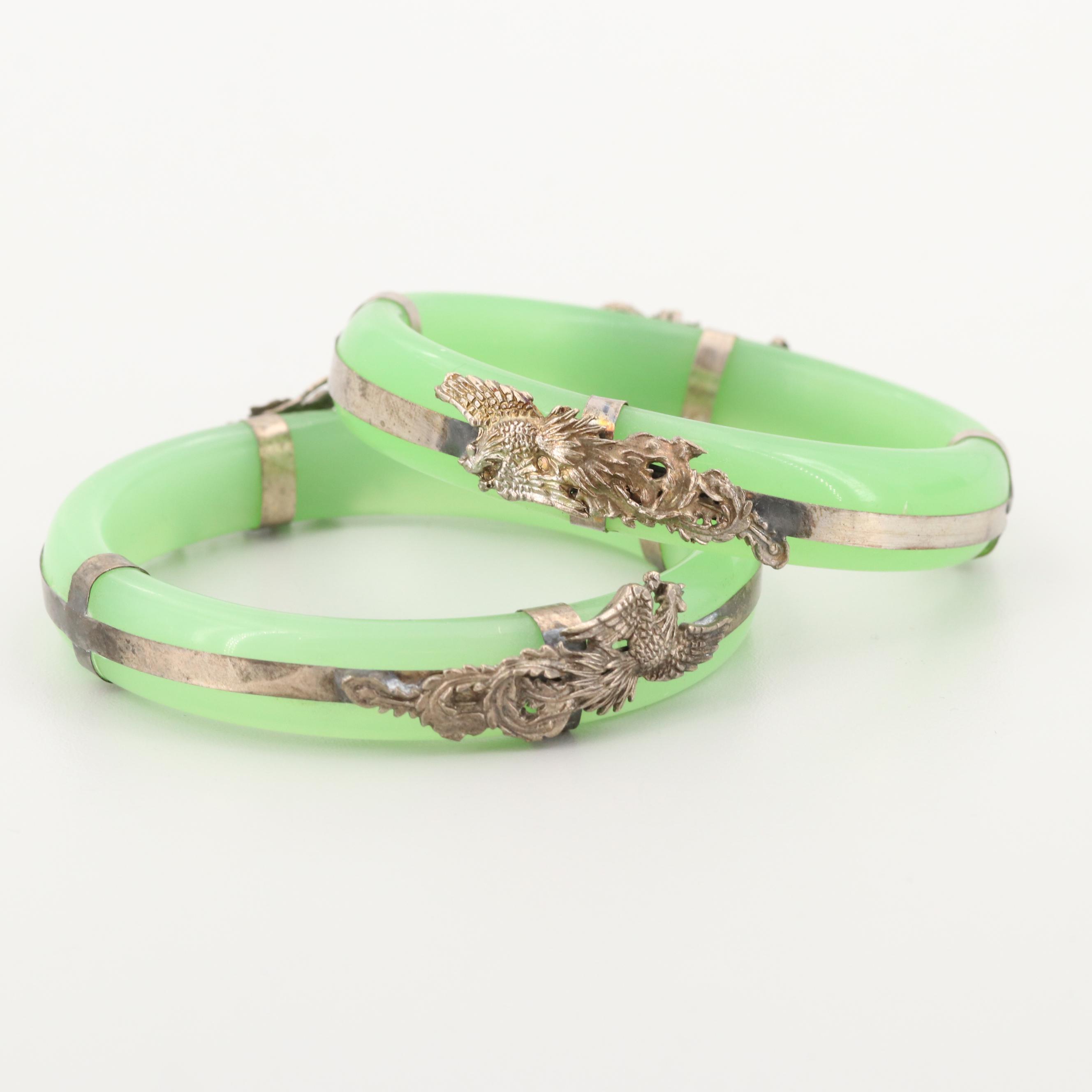 Silver Tone Glass Bangle Bracelets Featuring Animal Motifs
