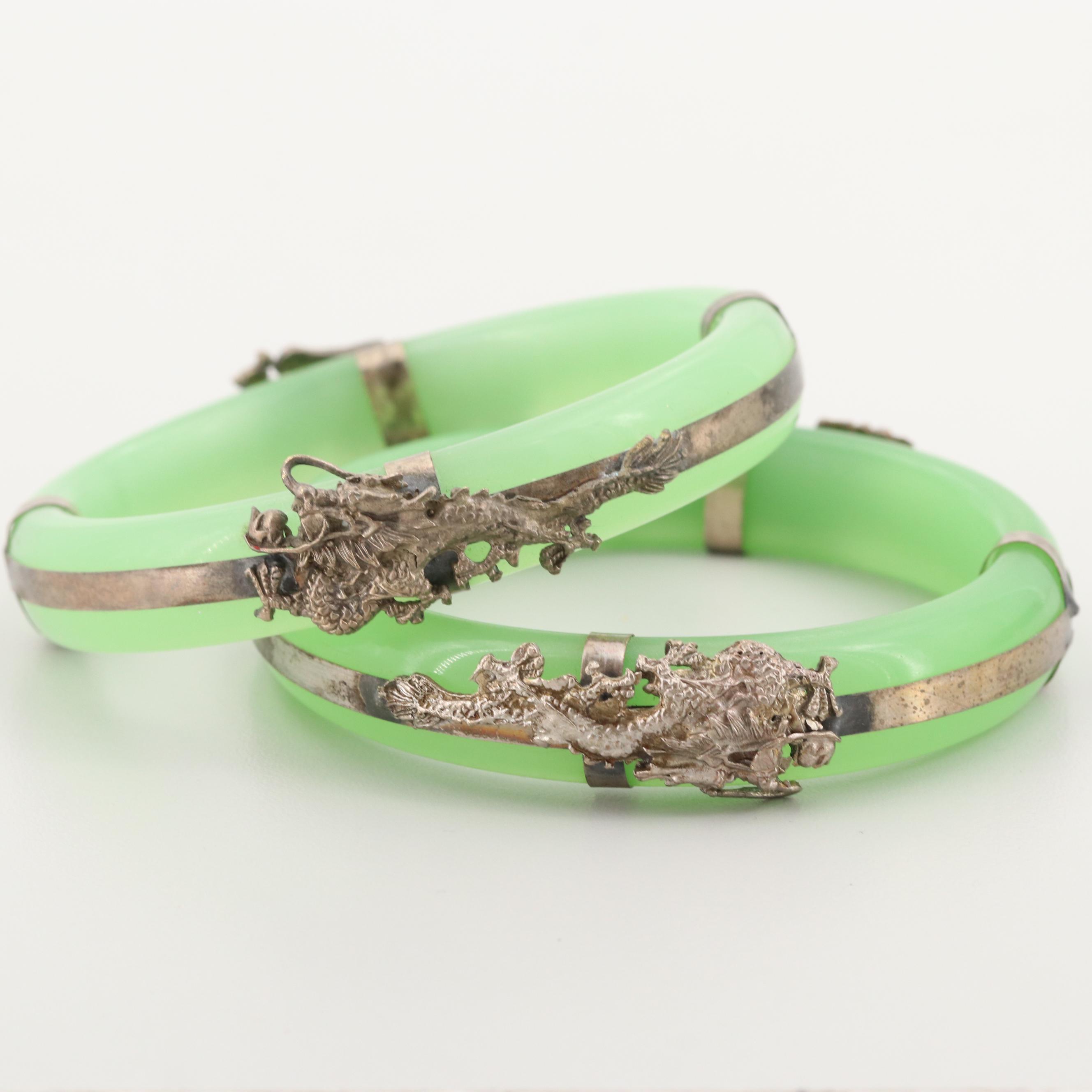 Silver Tone Glass Bangle Bracelets Featuring Animal Motifs
