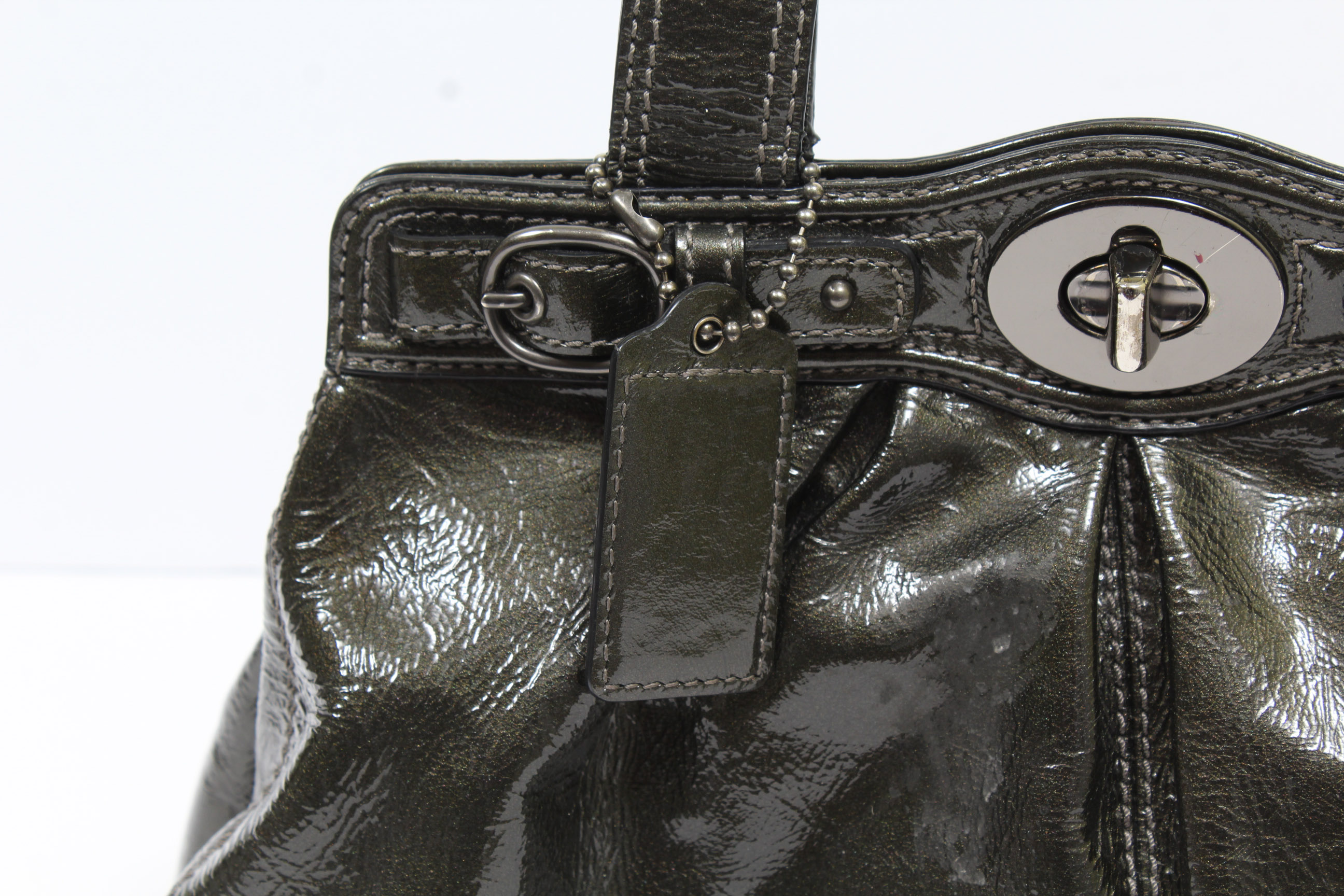 Coach Gunmetal Pleated Patent Leather Garnet Handbag