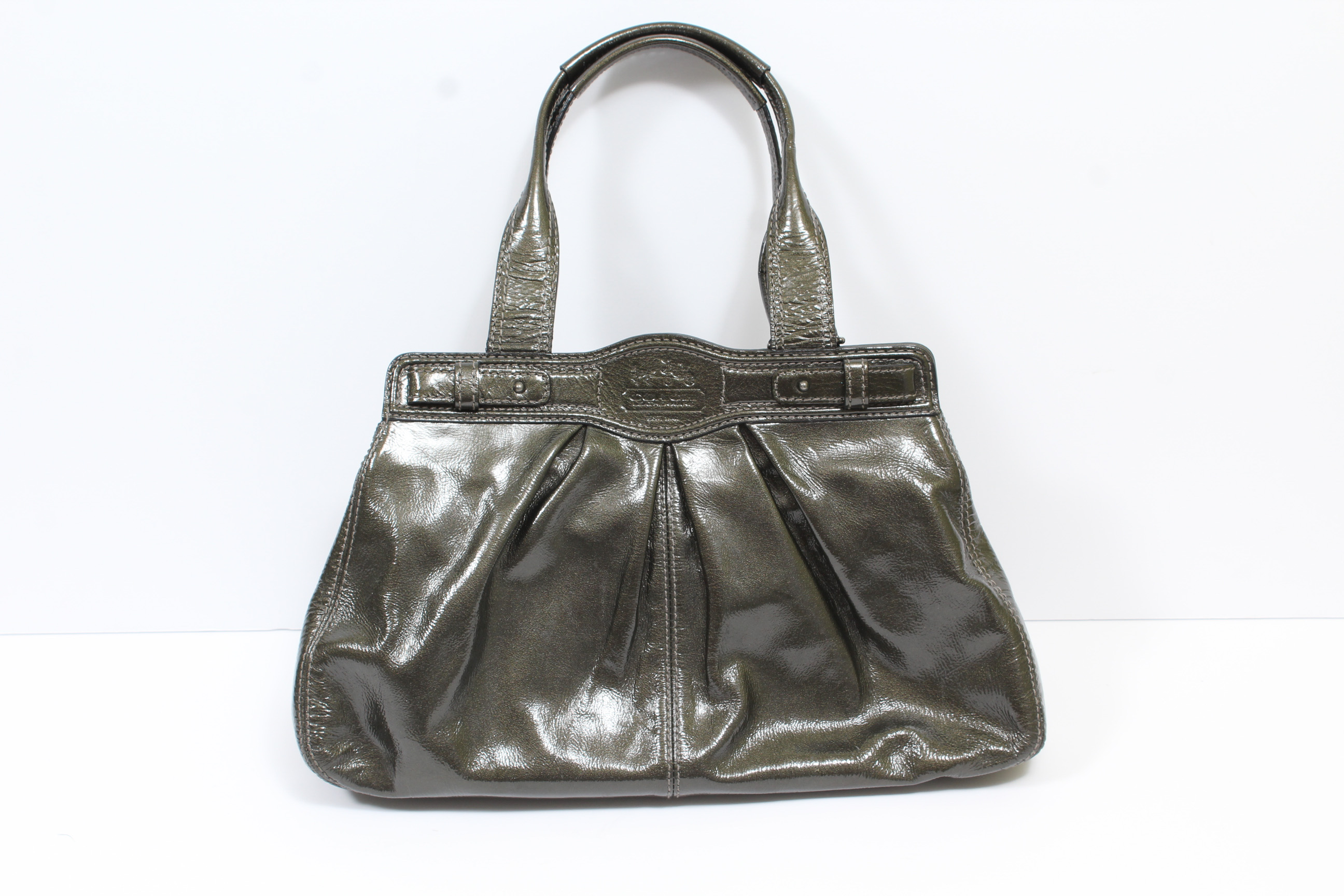 Coach Gunmetal Pleated Patent Leather Garnet Handbag