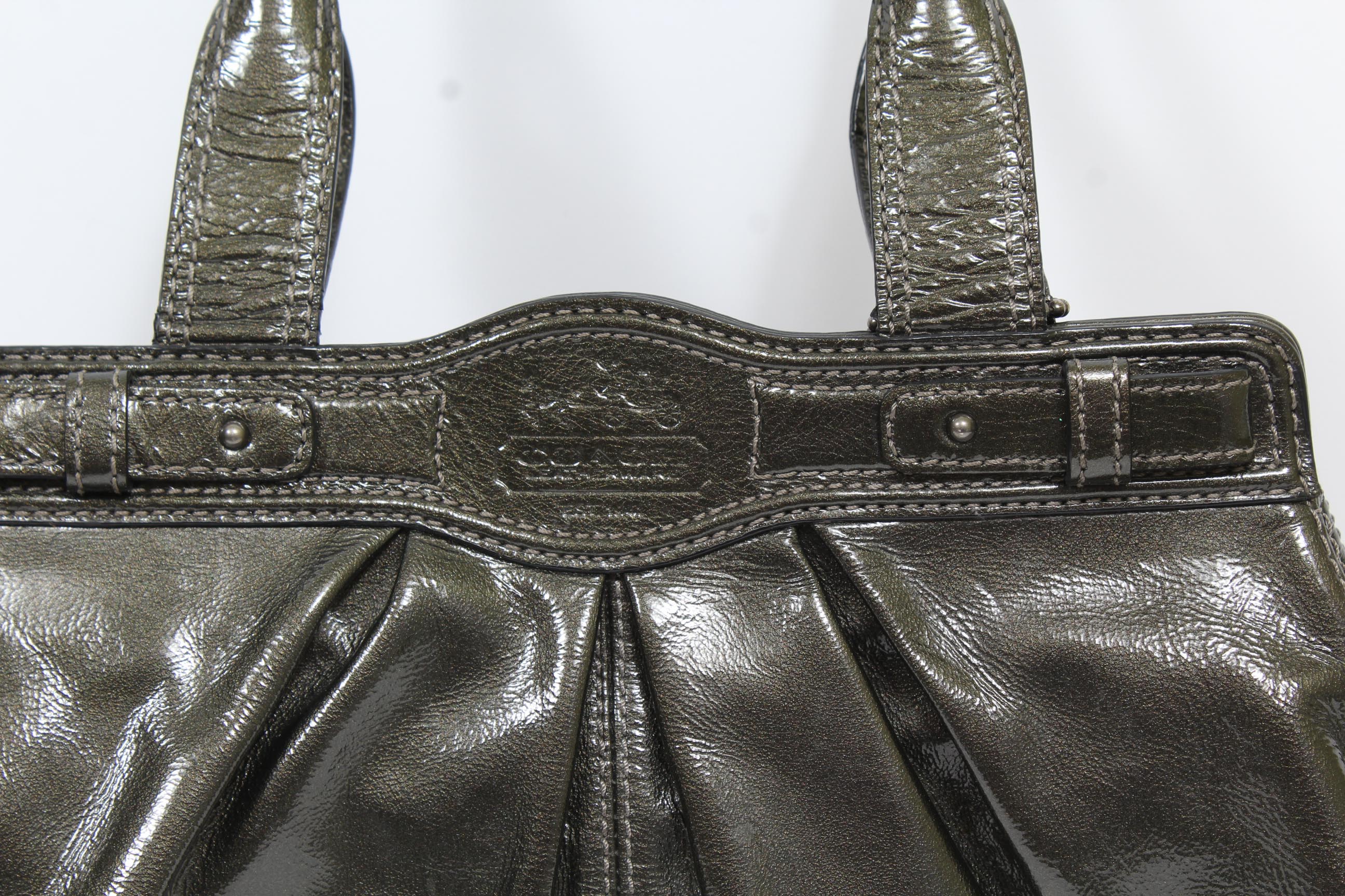 Coach Gunmetal Pleated Patent Leather Garnet Handbag