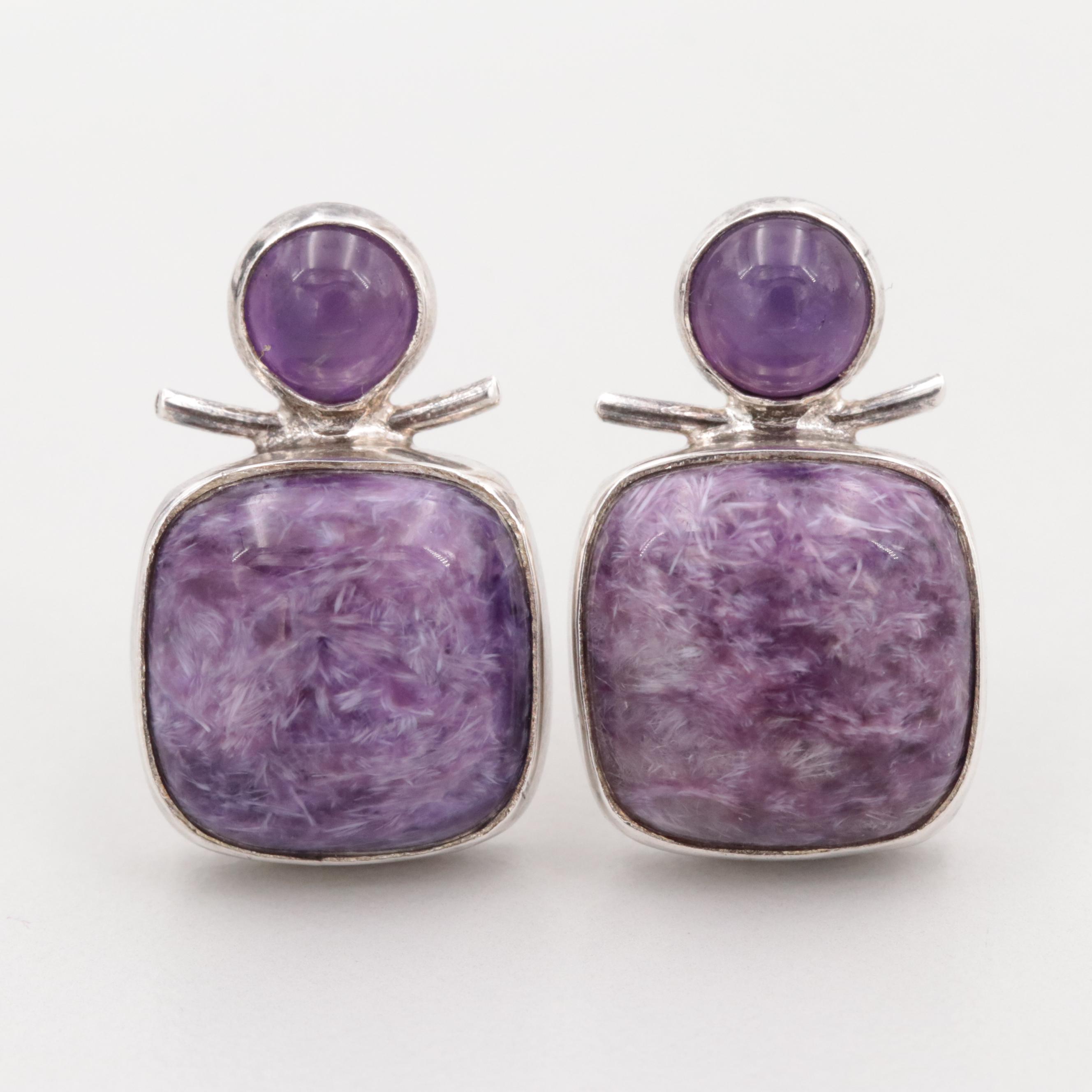 Sterling Silver Charoite and Amethyst Drop Earring