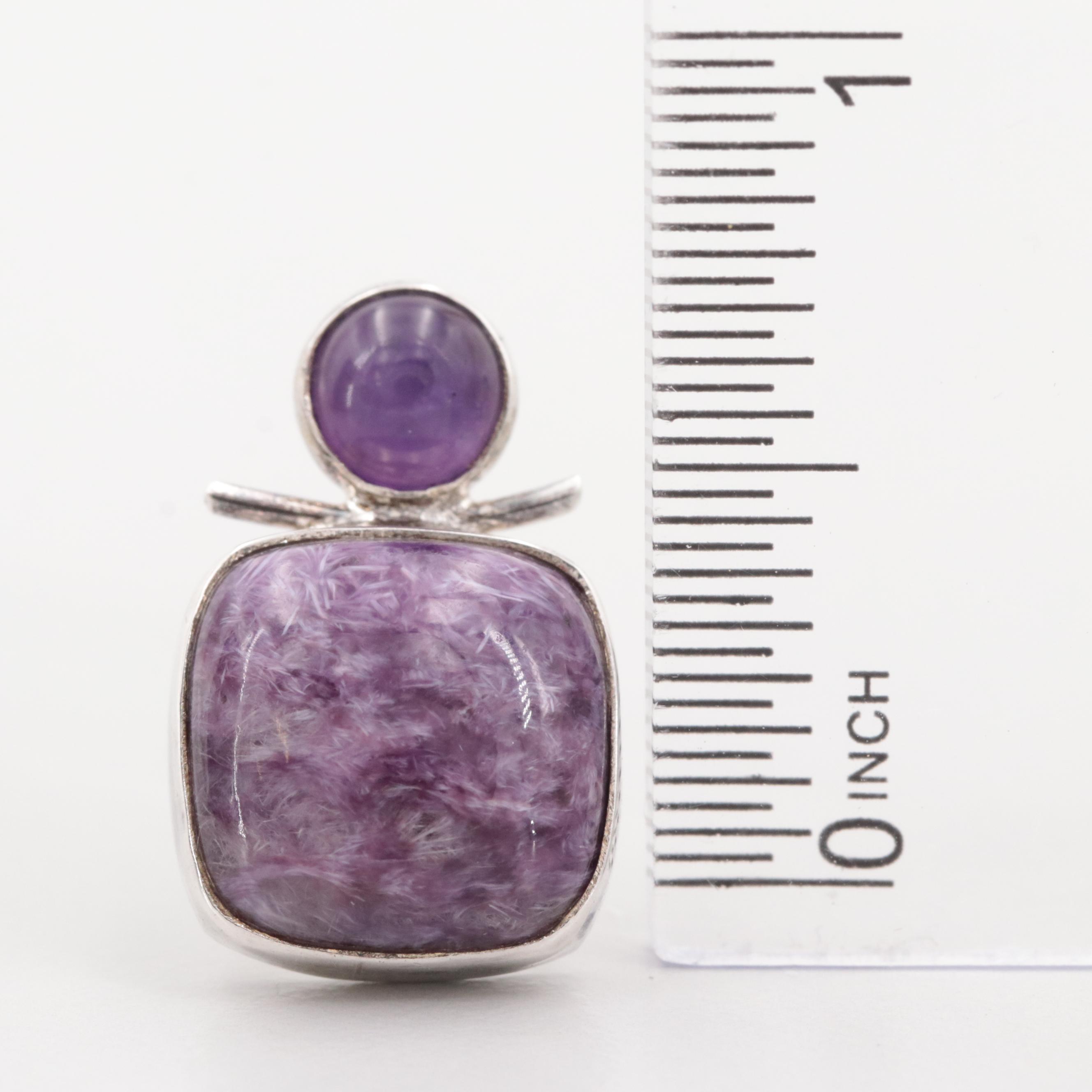 Sterling Silver Charoite and Amethyst Drop Earring