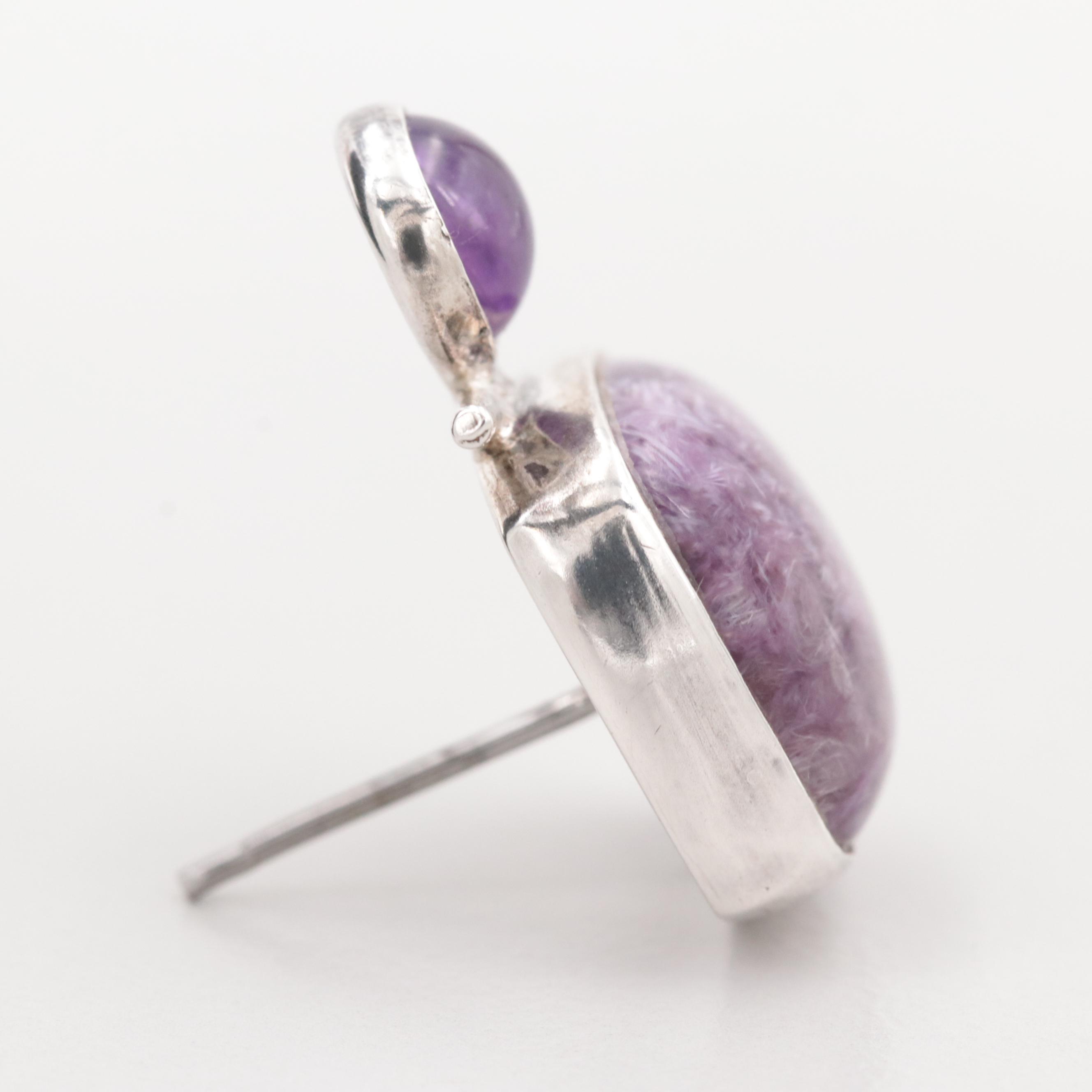 Sterling Silver Charoite and Amethyst Drop Earring