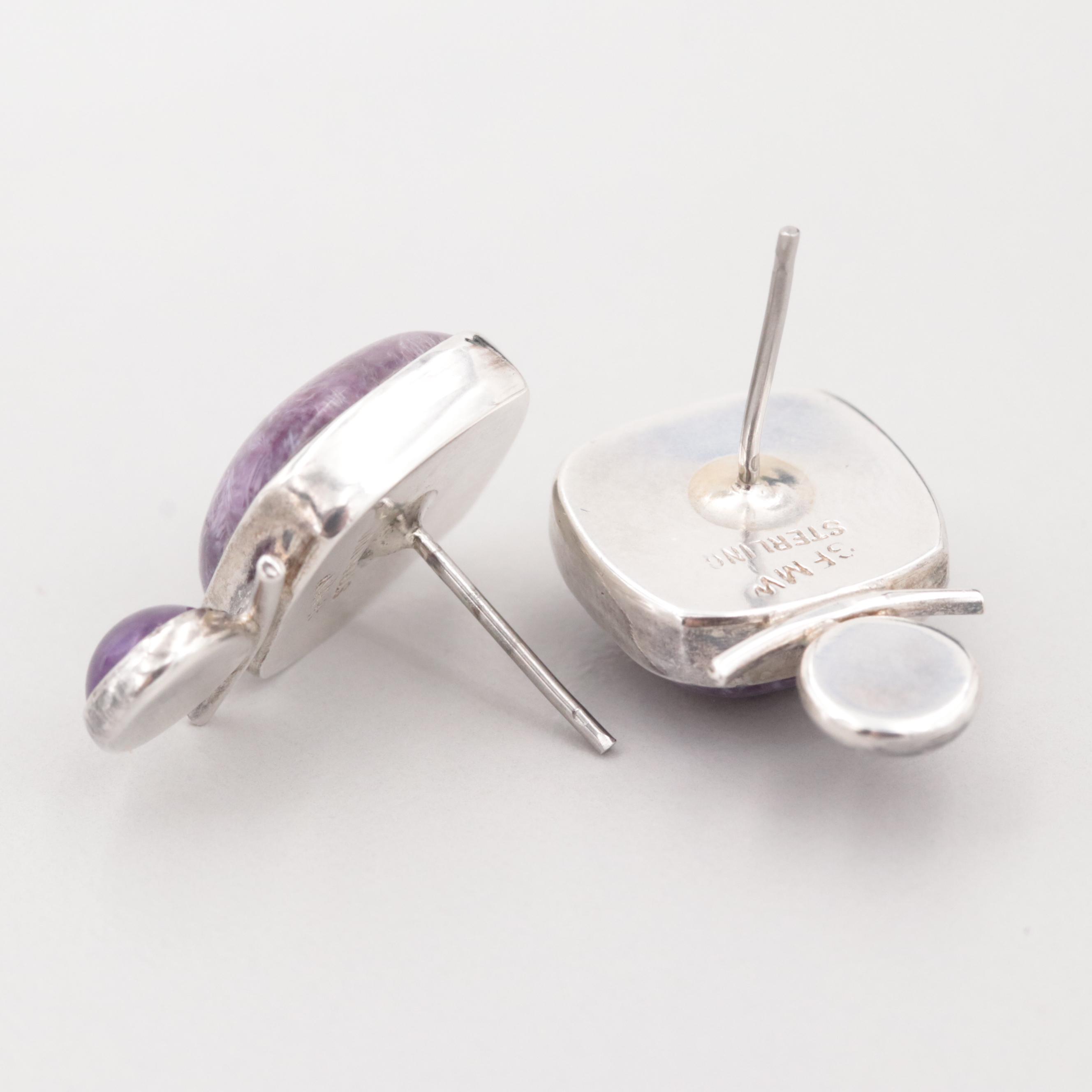 Sterling Silver Charoite and Amethyst Drop Earring
