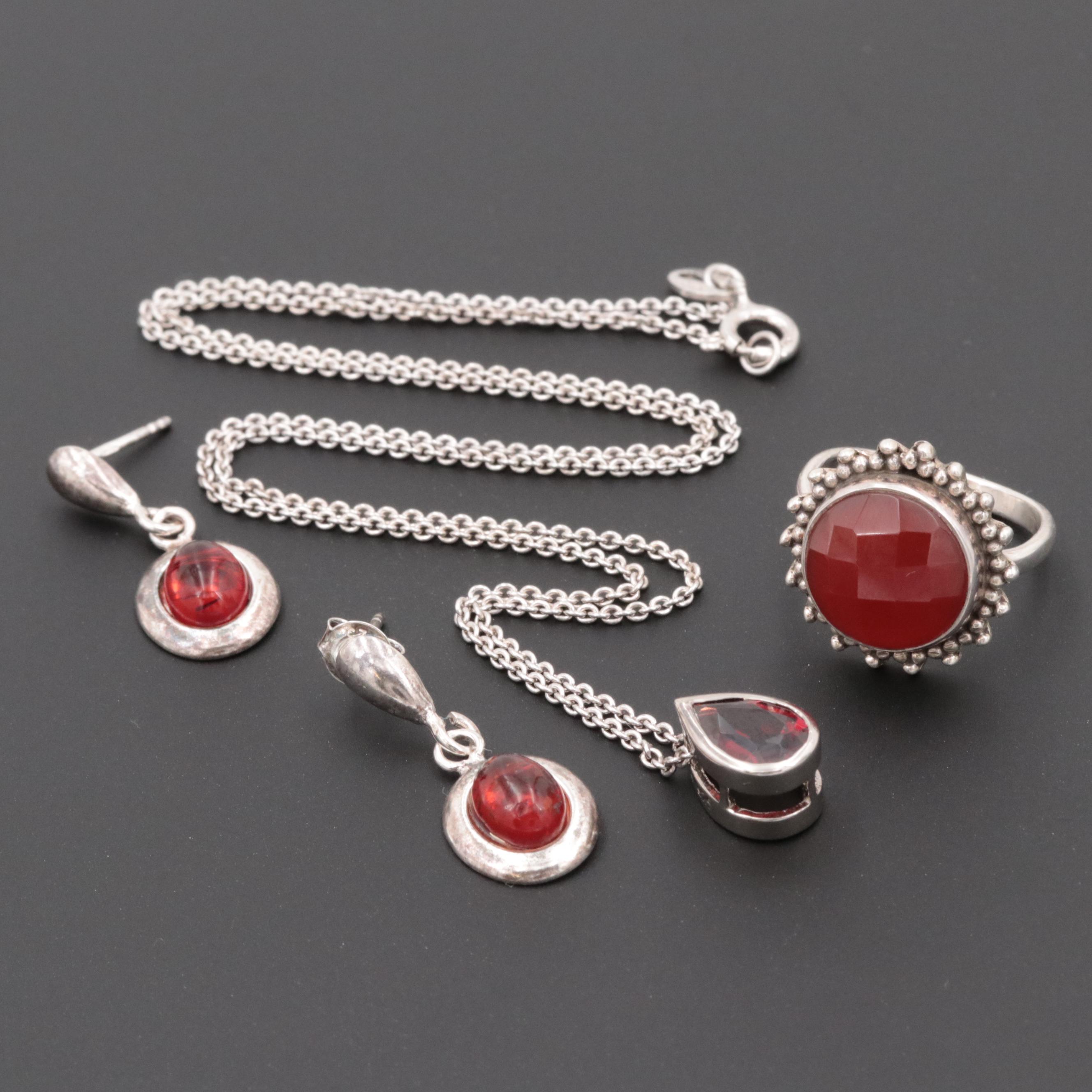 Sterling Silver Gemstone Dangle Earring, Ring and Pendant Necklace