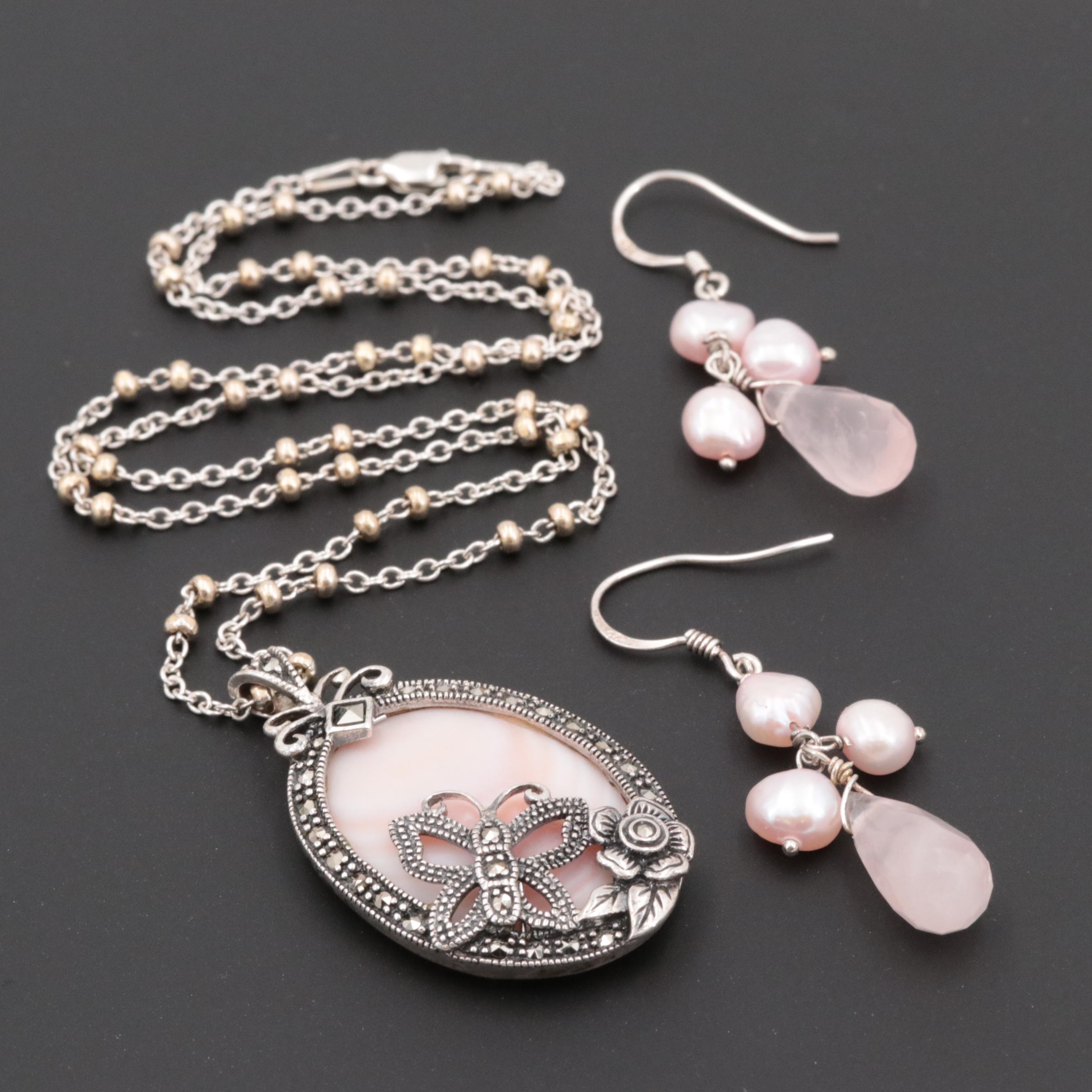 Sterling Silver Gemstone Earrings and Pendant Necklace with Gold Wash Accents