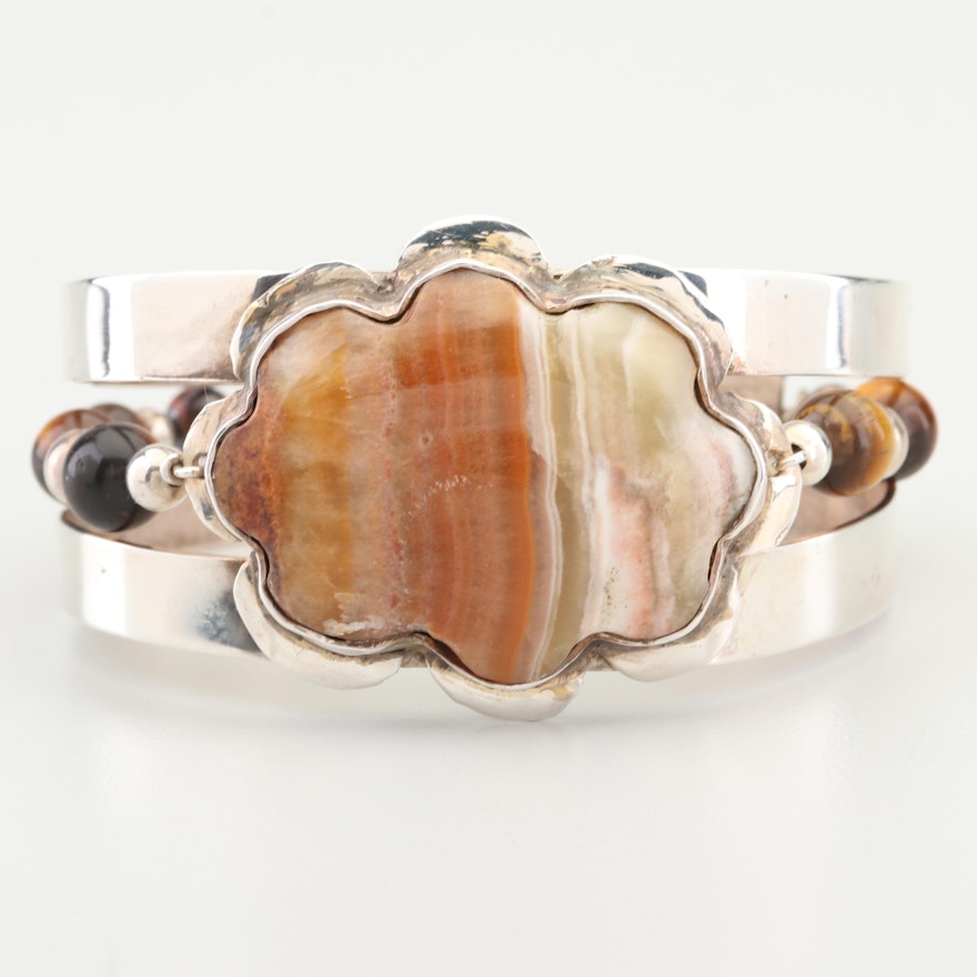 Bill Kirkham Handcrafted Sterling Silver Agate and Tigers Eye Cuff Bracelet