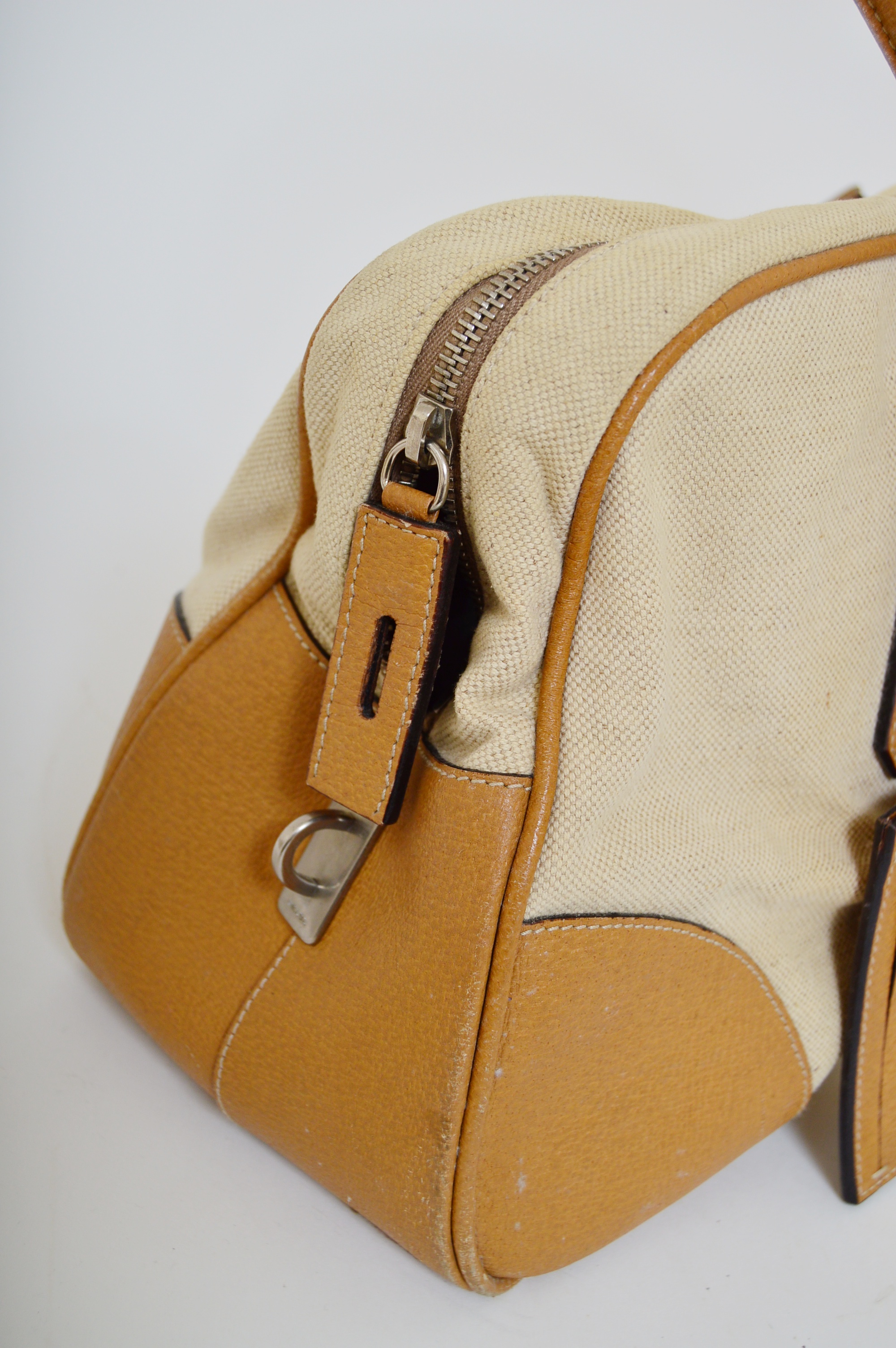 Prada Linen and Leather Satchel Handbag