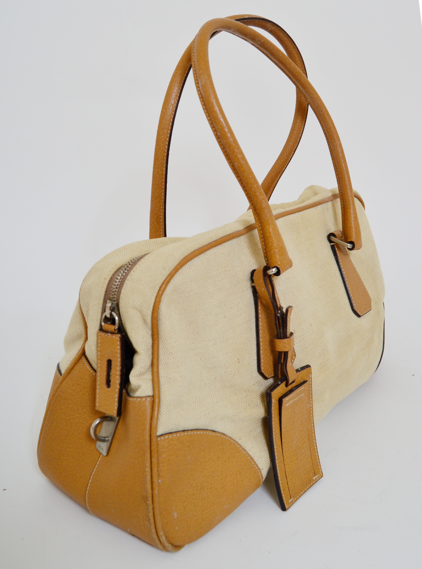 Prada Linen and Leather Satchel Handbag