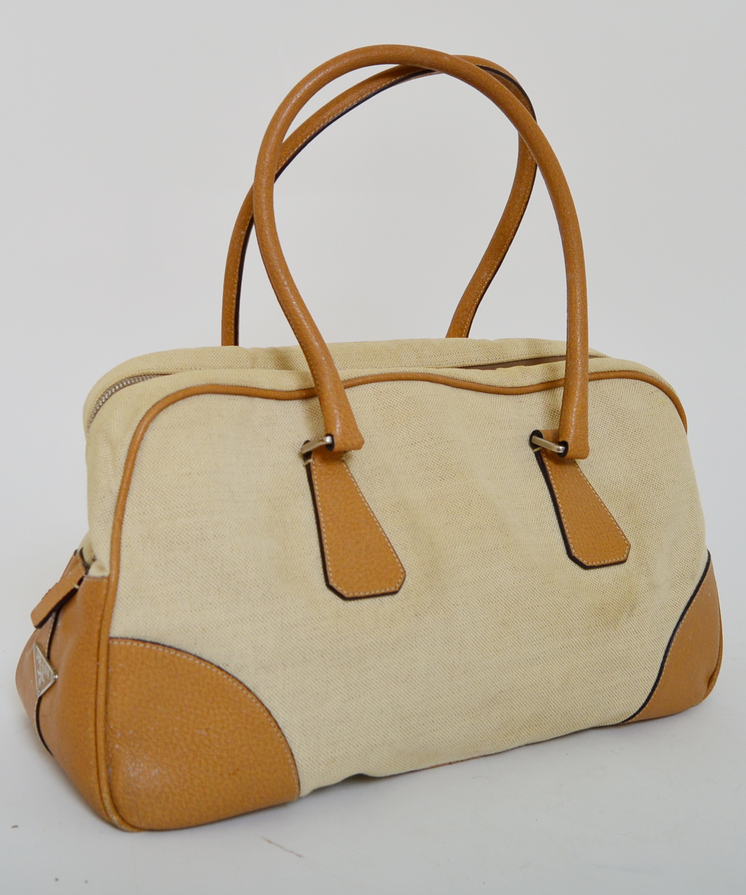 Prada Linen and Leather Satchel Handbag