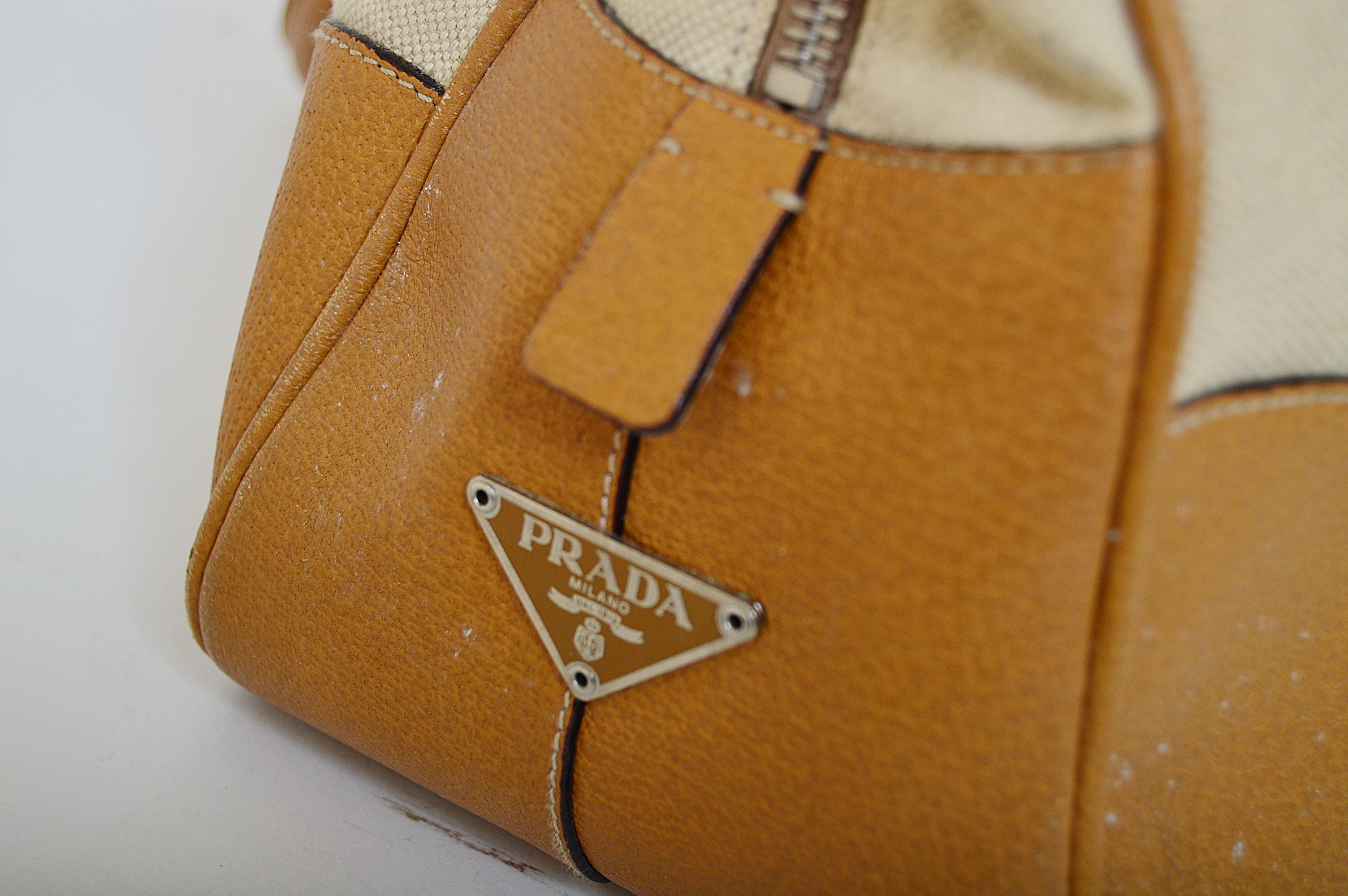 Prada Linen and Leather Satchel Handbag