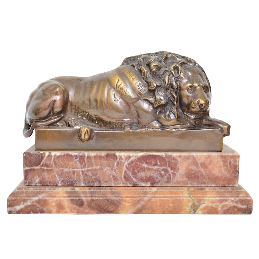 Neoclassic Style Metal Lion Sculpture on Marble Base