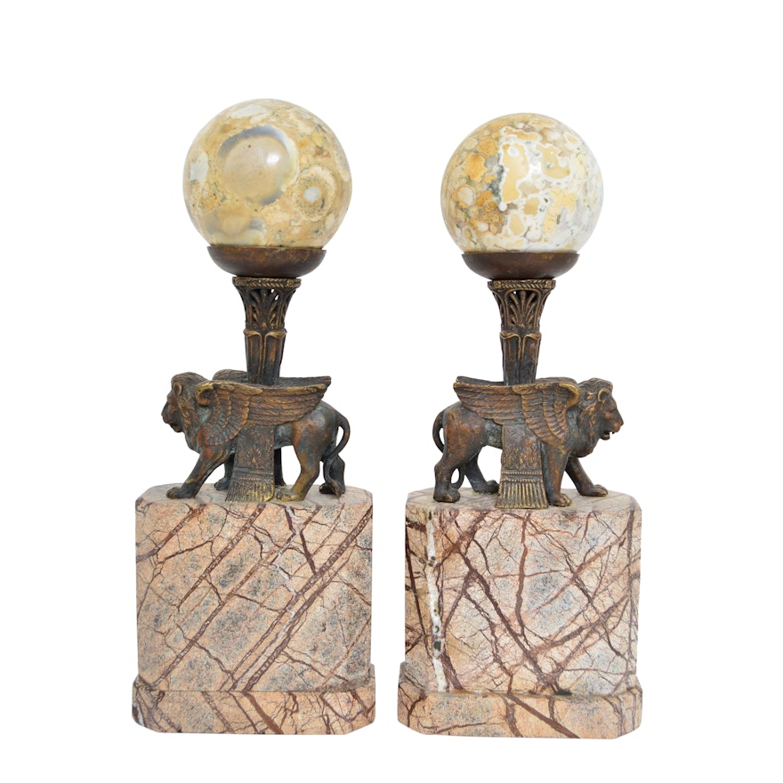 Neoclassic Style Bookends with Brass Winged Lions and Marble Orbs