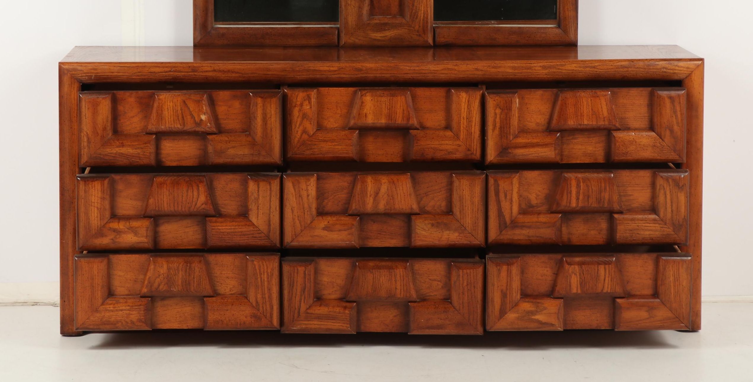 "Brutalist" Style Fruitwood Dresser with Attached Mirror, 1980s