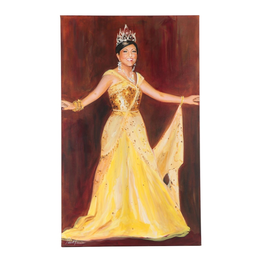 Darrah Dean Gooden Full-Length Oil Portrait of Woman in Yellow Gown