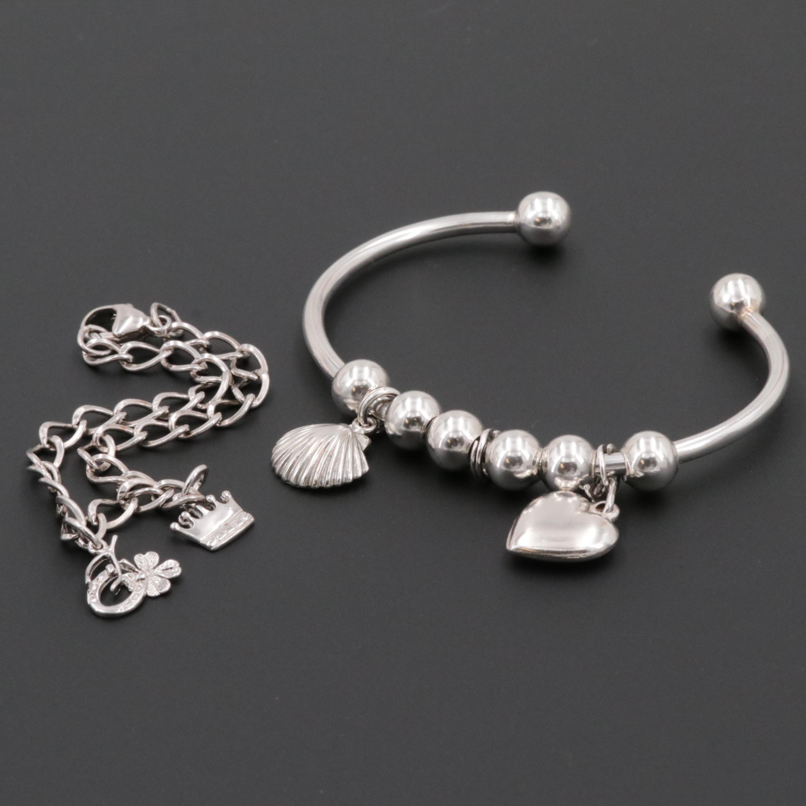 Sterling Silver Charm Bracelets with Hearts, Seashells, Crown and Lucky Charms
