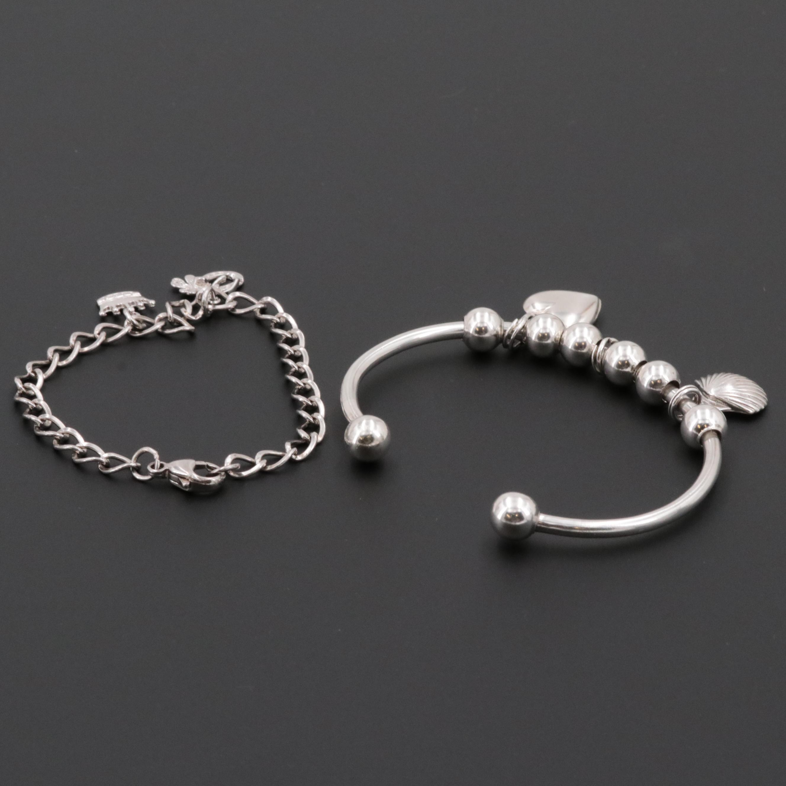 Sterling Silver Charm Bracelets with Hearts, Seashells, Crown and Lucky Charms