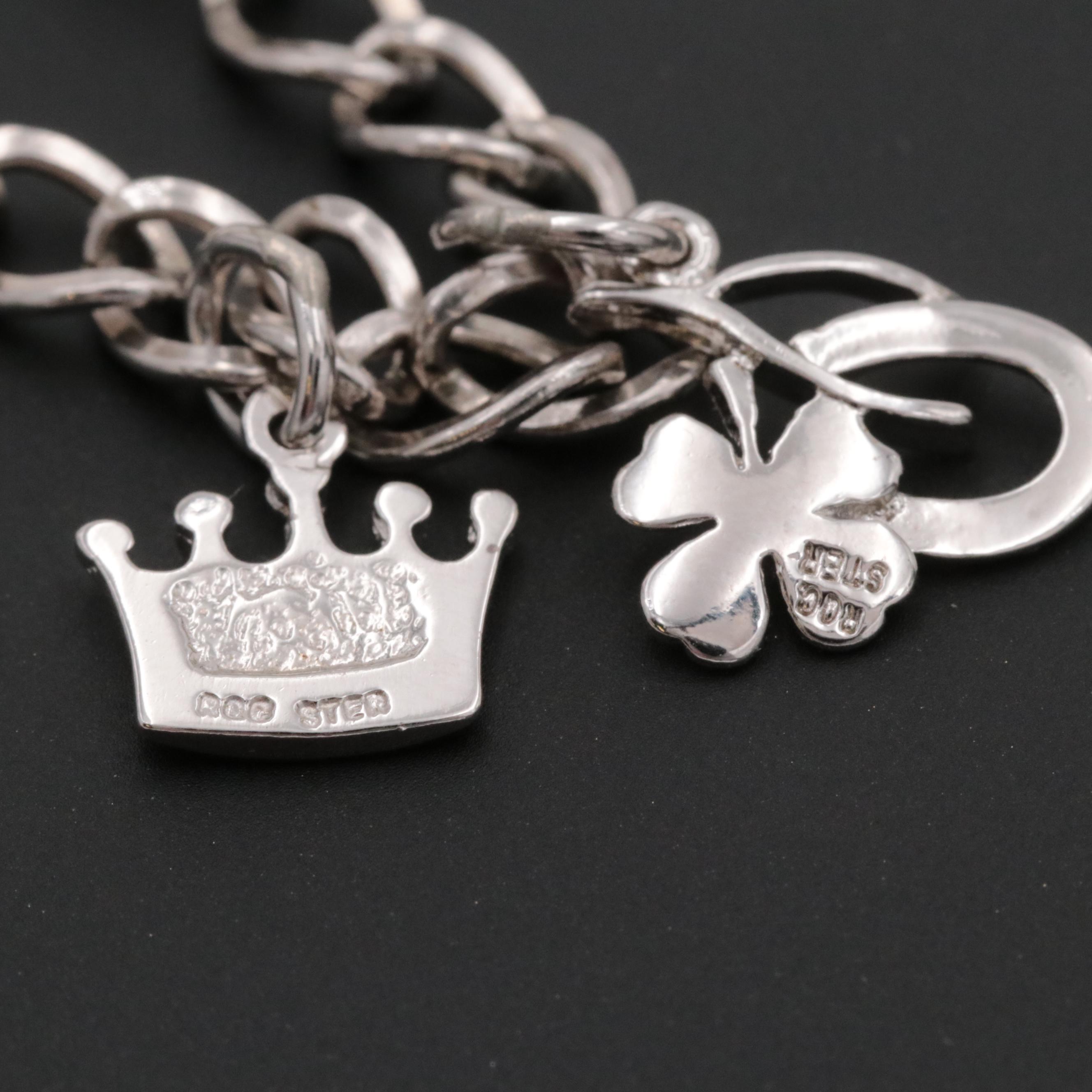 Sterling Silver Charm Bracelets with Hearts, Seashells, Crown and Lucky Charms