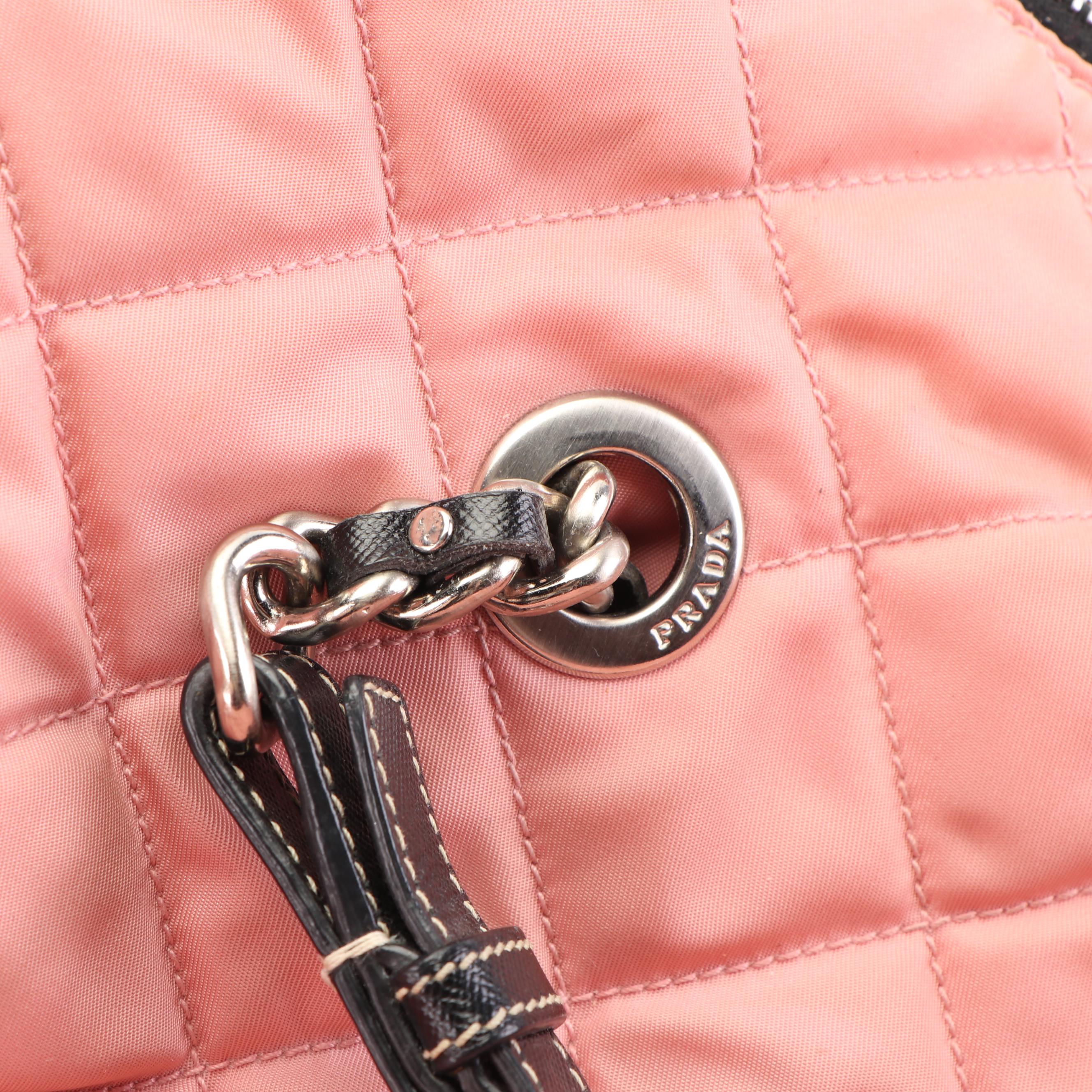 Prada Pink Quilted Nylon and Black Saffiano Leather Shopping Tote