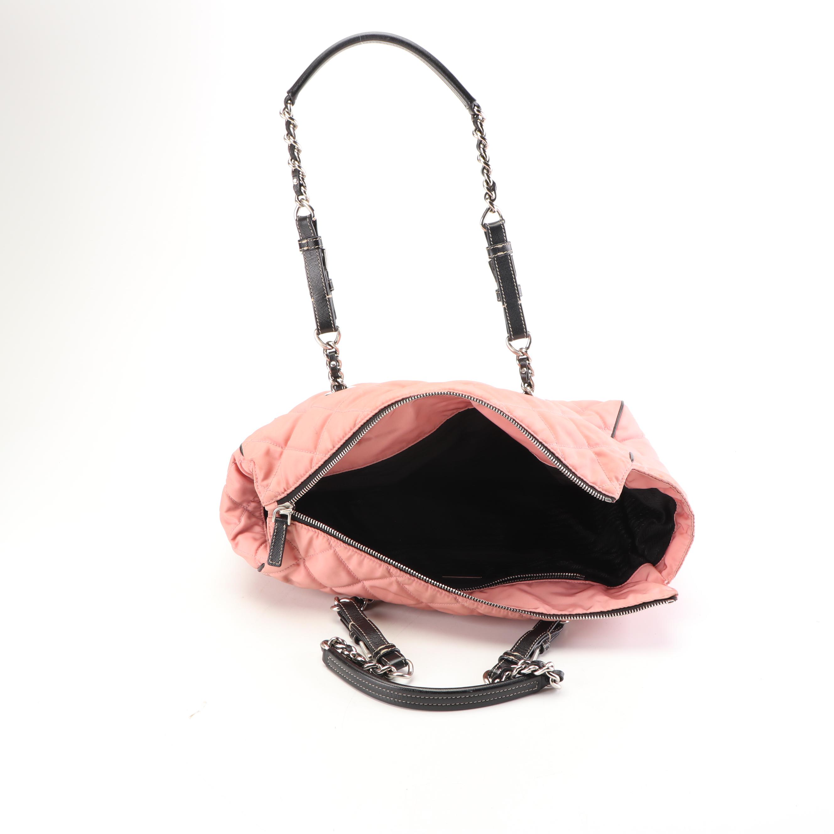 Prada Pink Quilted Nylon and Black Saffiano Leather Shopping Tote